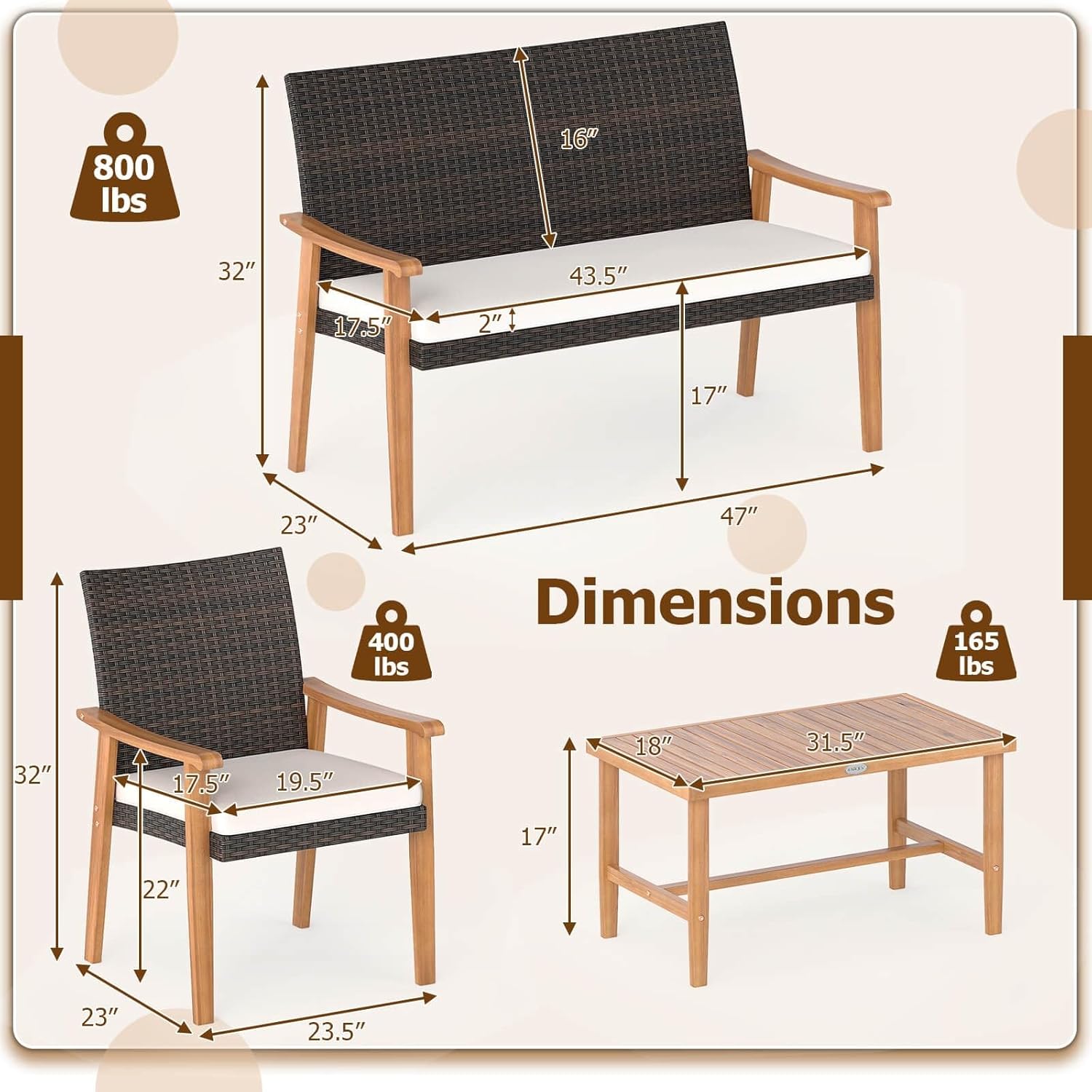 4 PCS Patio Furniture Set Durable w/Acacia Wood Coffee Table & Soft Cushions for Garden