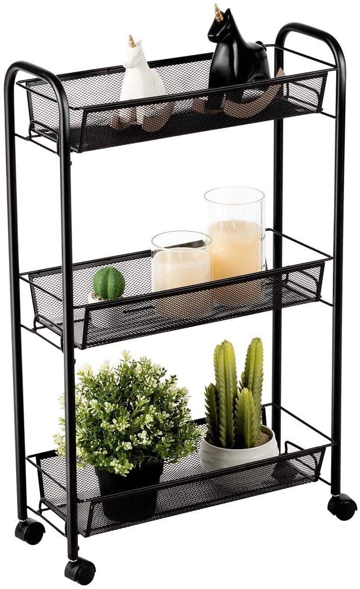 HAPPYGRILL 3-Tier Utility Cart Heavy Duty Metal Rolling Kitchen Cart with Handles Storage Cart with Wheels and Mesh Baskets