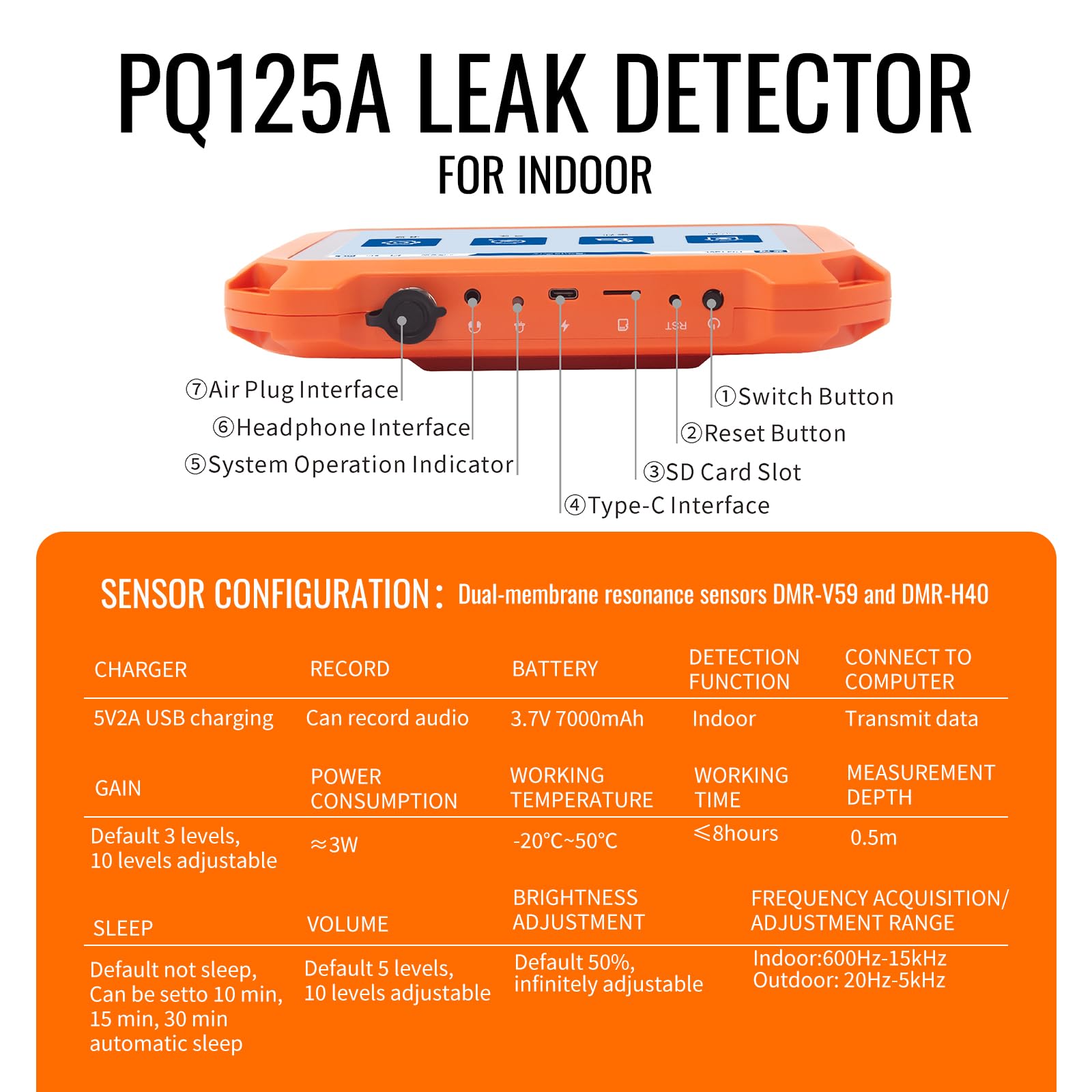 PQ125A Detector de Fugas de Agua para Casa con Pantalla Táctil Detección Acústica de Perdidas en Tuberías de Pared Precisión 0.5 Metros Incluye Estuche Profesional