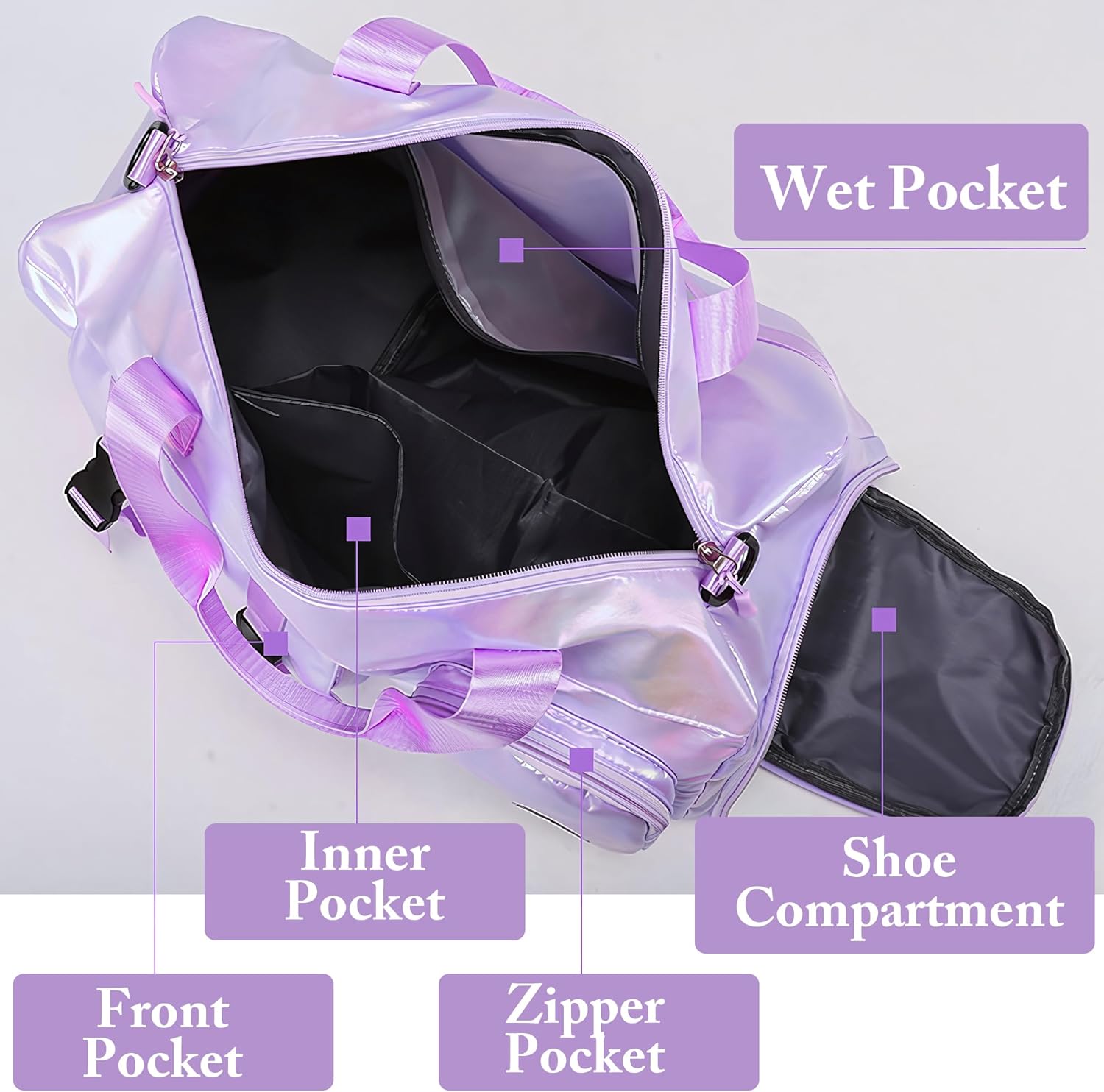Personalized Gym Bag for Women,Weekender Duffle for Travel,Lightweight Carry on Bag with Shoe Compartment,Overnight Travel,Self Adhesive Chenille Letter Patches for DIY Decoration(Purple)