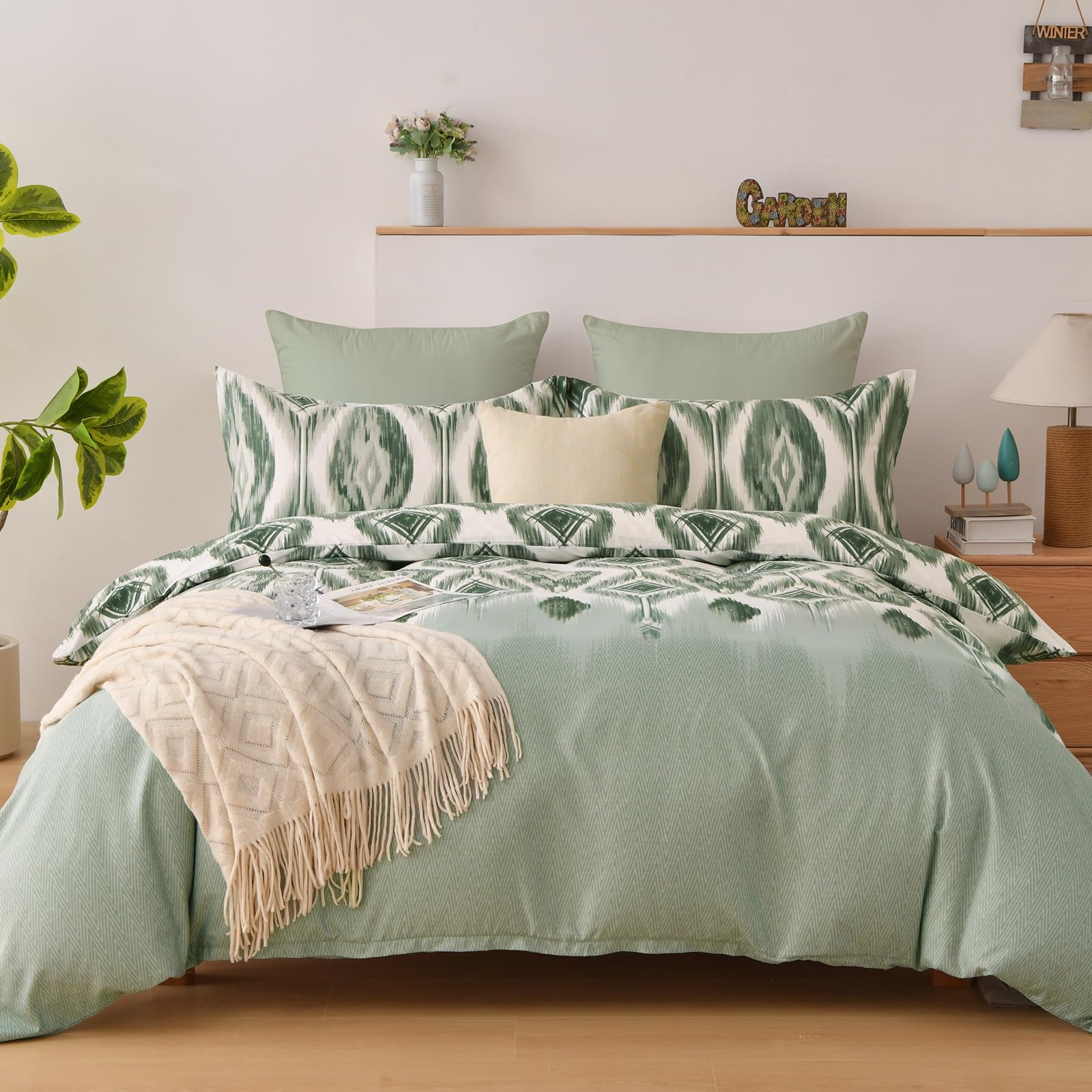 Boho Geometry Duvet Cover Set Double Bohemian Bedding Set for Boys Girls Adults Soft Gird Plaid Cube Duvet Cover with Zipper Closure (Green - Image 4