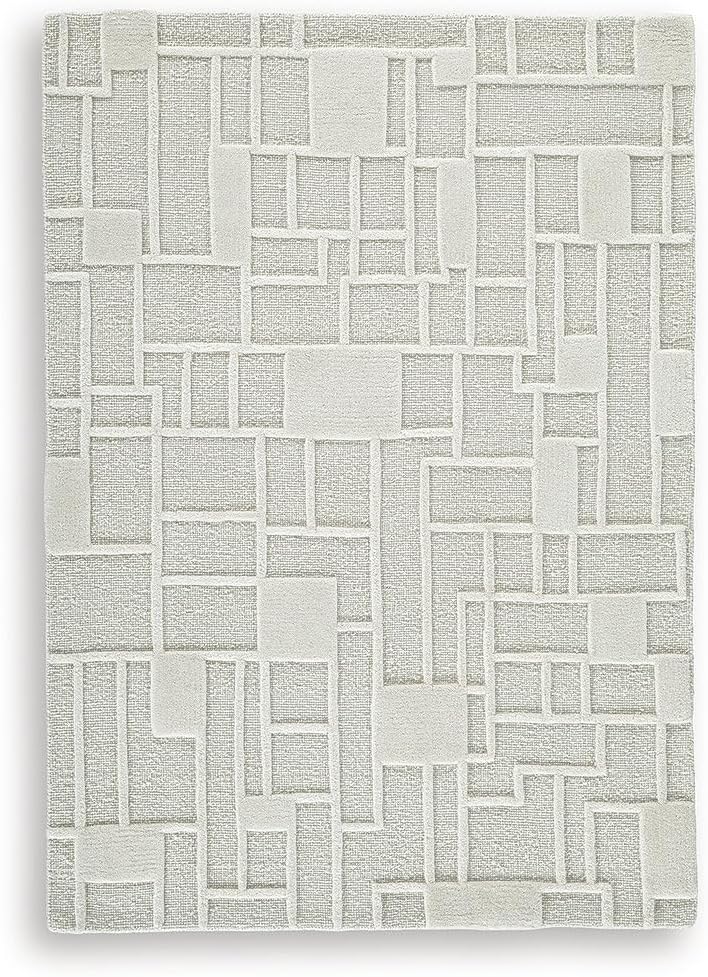 Signature Design by Ashley Hand Tufted Geometric Wool Area Rug, 5x7 Ivory | High-low pile texture for striking dimension, 90% wool and 10% cotton blend face for casual interiors, Empriss Series