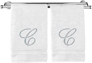 Monogrammed Hand Towel, Personalized Gift, 16 x 30 Inches - Set of 2 - Silver Embroidered Towel - Extra Absorbent 100% Turkish Cotton- Soft Terry Finish - For Bathroom, Kitchen and Spa- Script C White