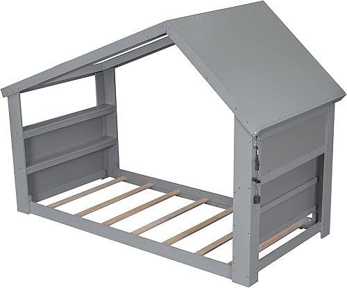 Miniatura 7 de MERITLINE HJHW50489964 - Cama de casa individual para niños, cama de suelo Montessori con ventana de techo, luz LED, no necesita somier, para niñas