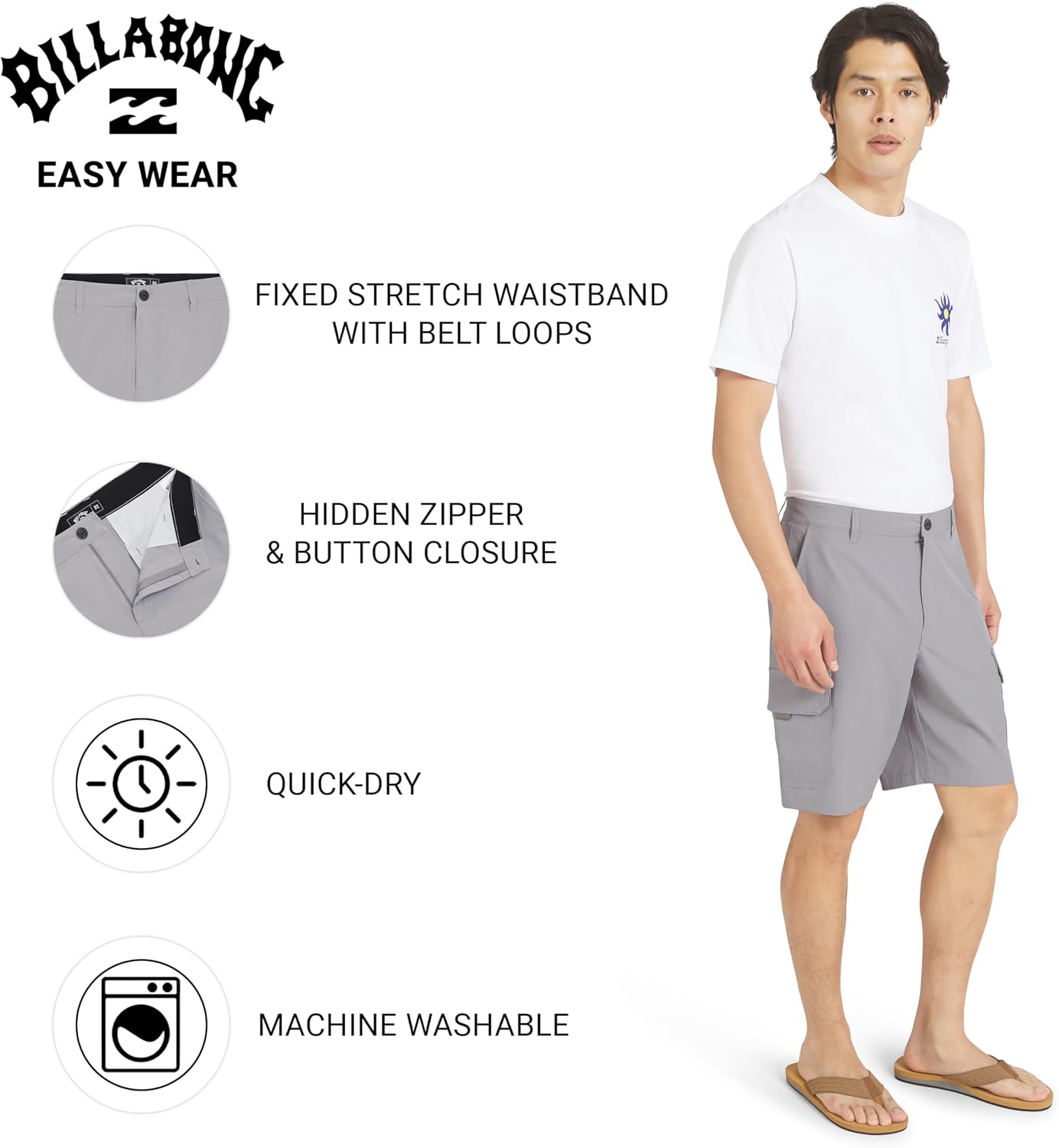 Billabong Mens Quick Dry Performance Fixed Waist 7 Inch Water Friendly Hybrid Cargo Shorts