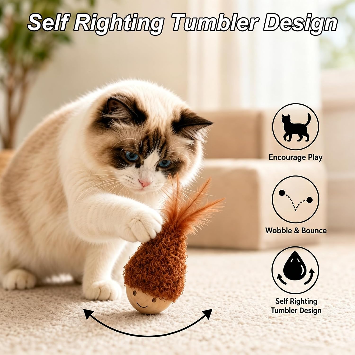 2Pcs Cat Self-Righting Wobble Toy, Interactive Feather Tumbler image 5