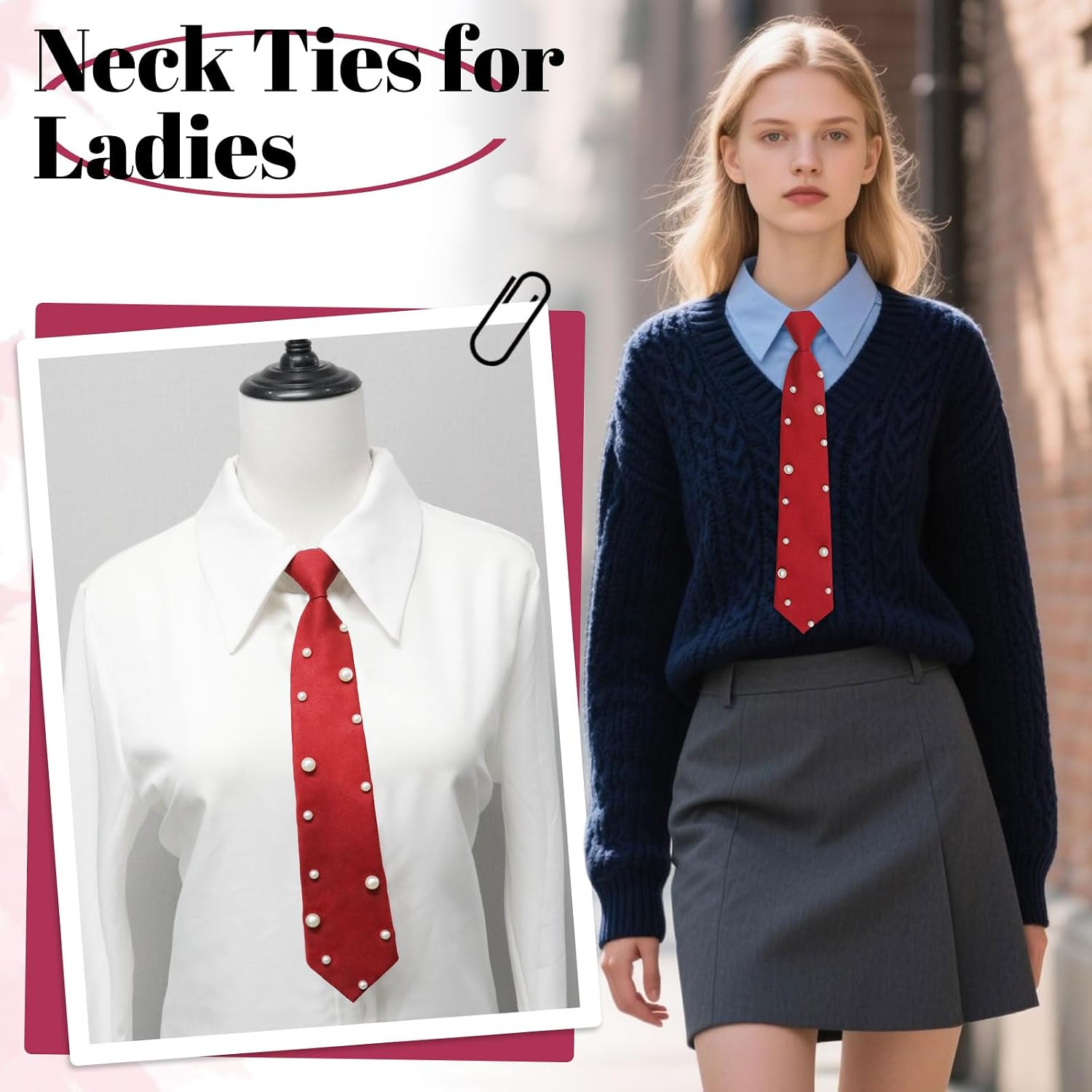 Neck Ties for Women, Pre-tied Womens Tie with Pearls Decoration Adjustable Girls Neckties for School Party Work
