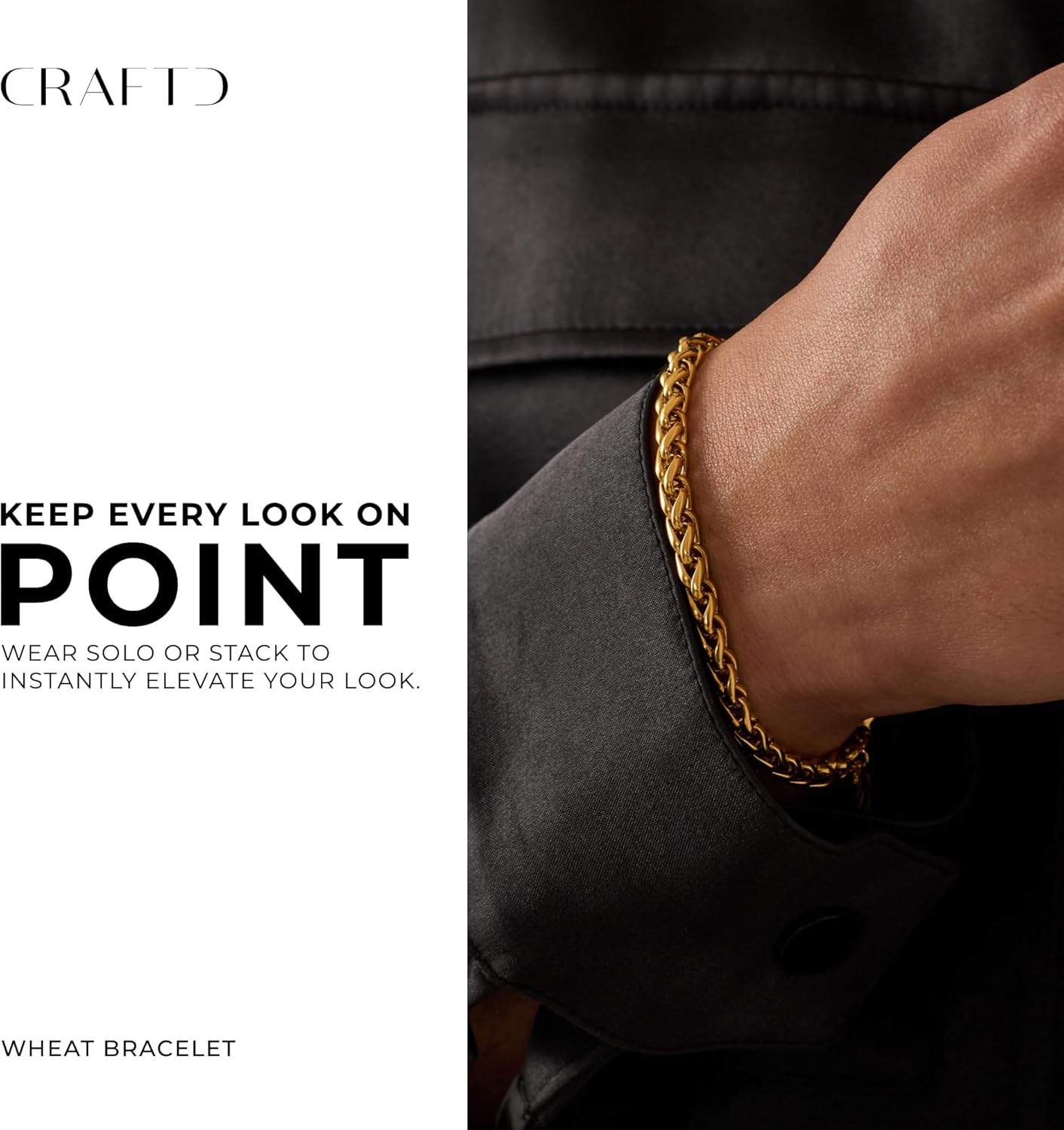 CRAFTD - Wheat Link Bracelet - Waterproof, Heat & Sweat Resistant - Gifts for Men - Men's Jewelry - Size 5MM