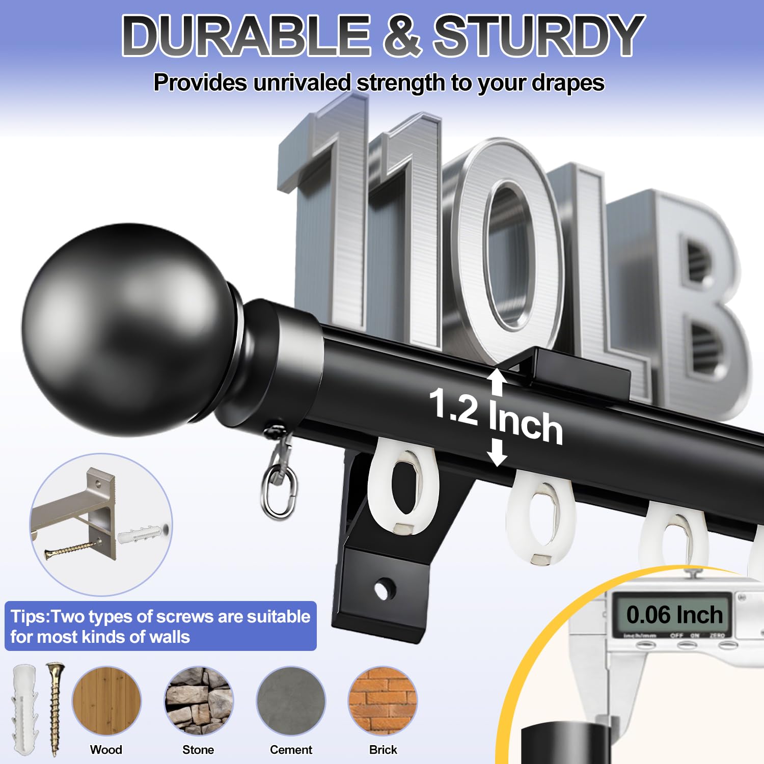 Tringle à rideaux silencieuse et robuste – Tringle à rideaux murale avec embouts ronds, facile à installer pour séparateur de salon et de chambre à coucher, noir, 1 m / 3.28ft