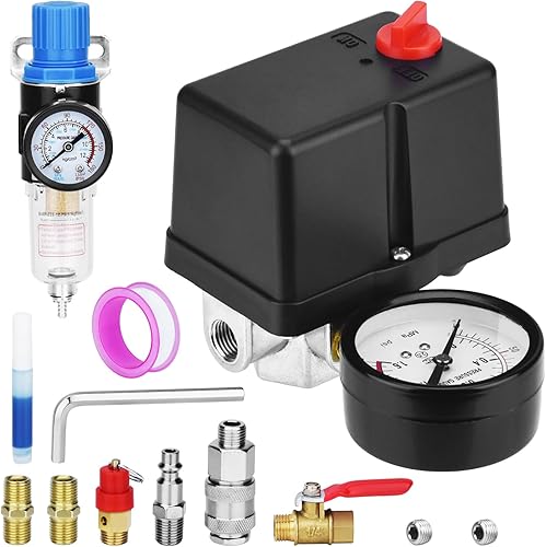 Miniatura 12 de Válvula de control universal del interruptor de presión del compresor de aire (90-120 PSI, 110V-240V) con regulador de 0-180 PSI y válvula de alivio