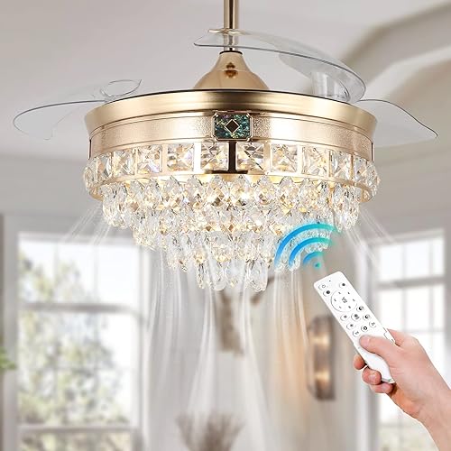 diisunbihuo Ventilador de techo moderno de cristal de 42 pulgadas con luces doradas regulables candelabro LED invisible de cristal 3 en 1 color con