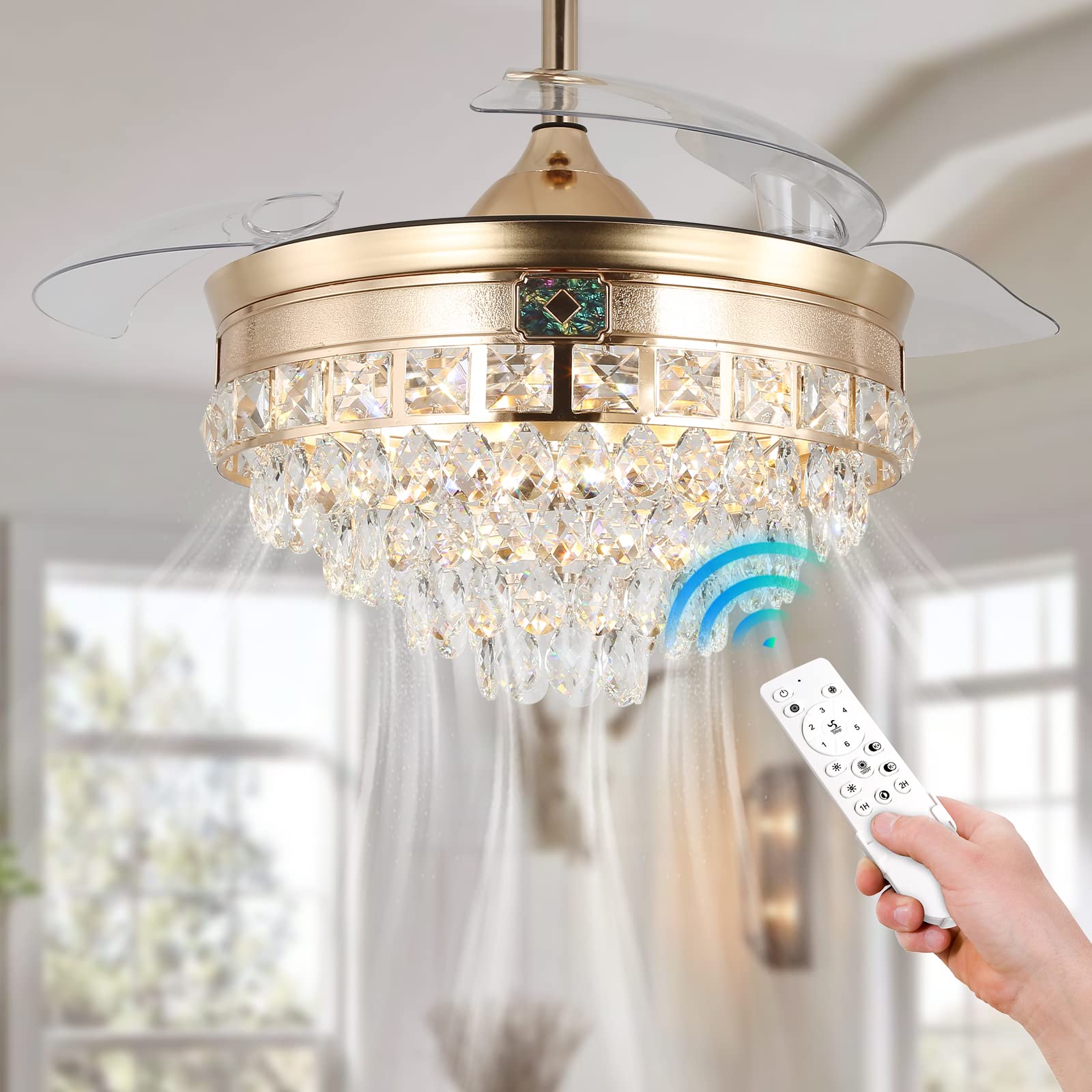 42" Modern Crystal Chandelier Ceiling Fan with Lights Gold Dimmable Fandeliers LED Invisible Fandelier Crystal Chandelier Fan 3 in 1 Color with Memory Function