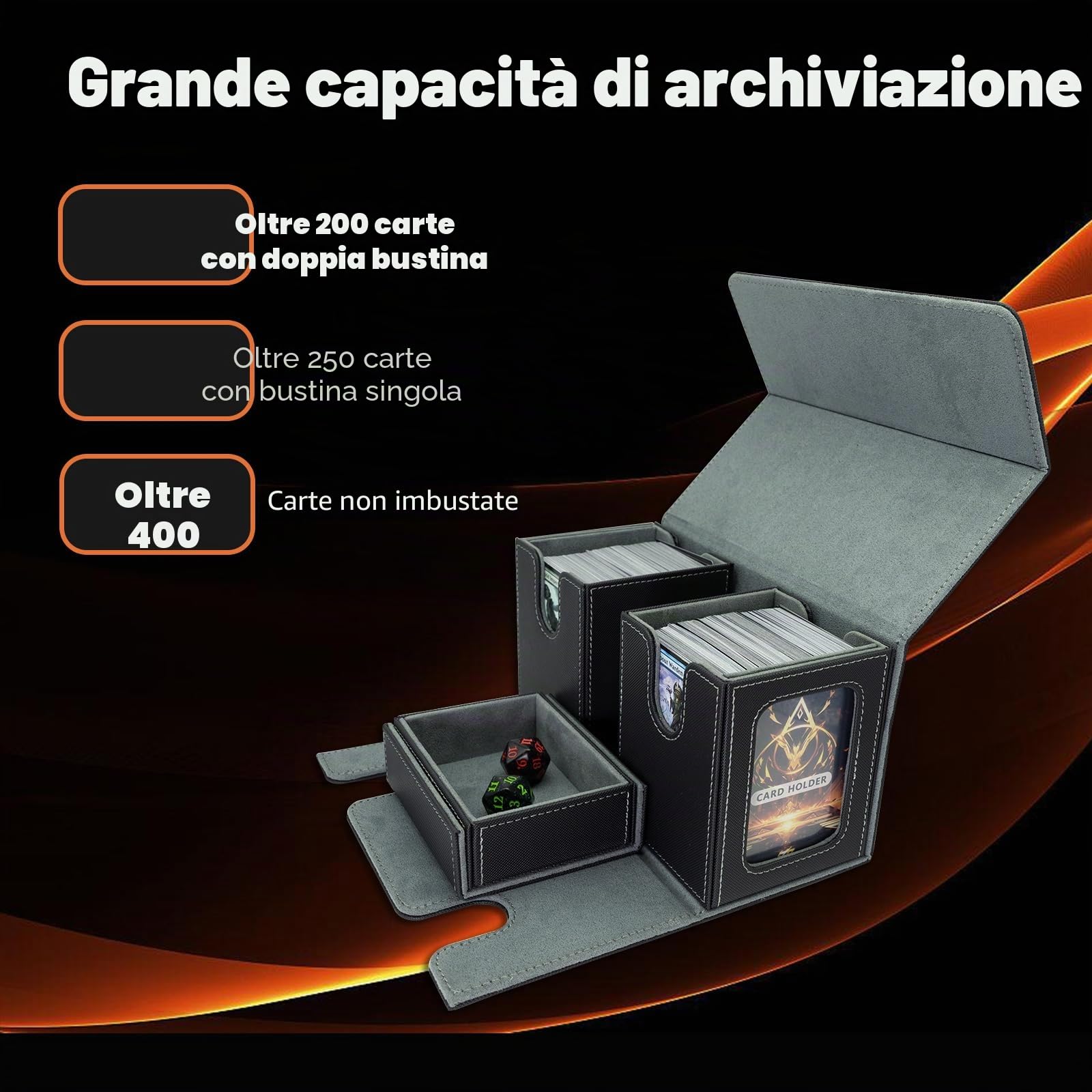 MTG Commander Deck Box Spazio per 200+ carte, scatola 3 in 1 con finestra, organizer magnetico per carte di credito, 4 divisori