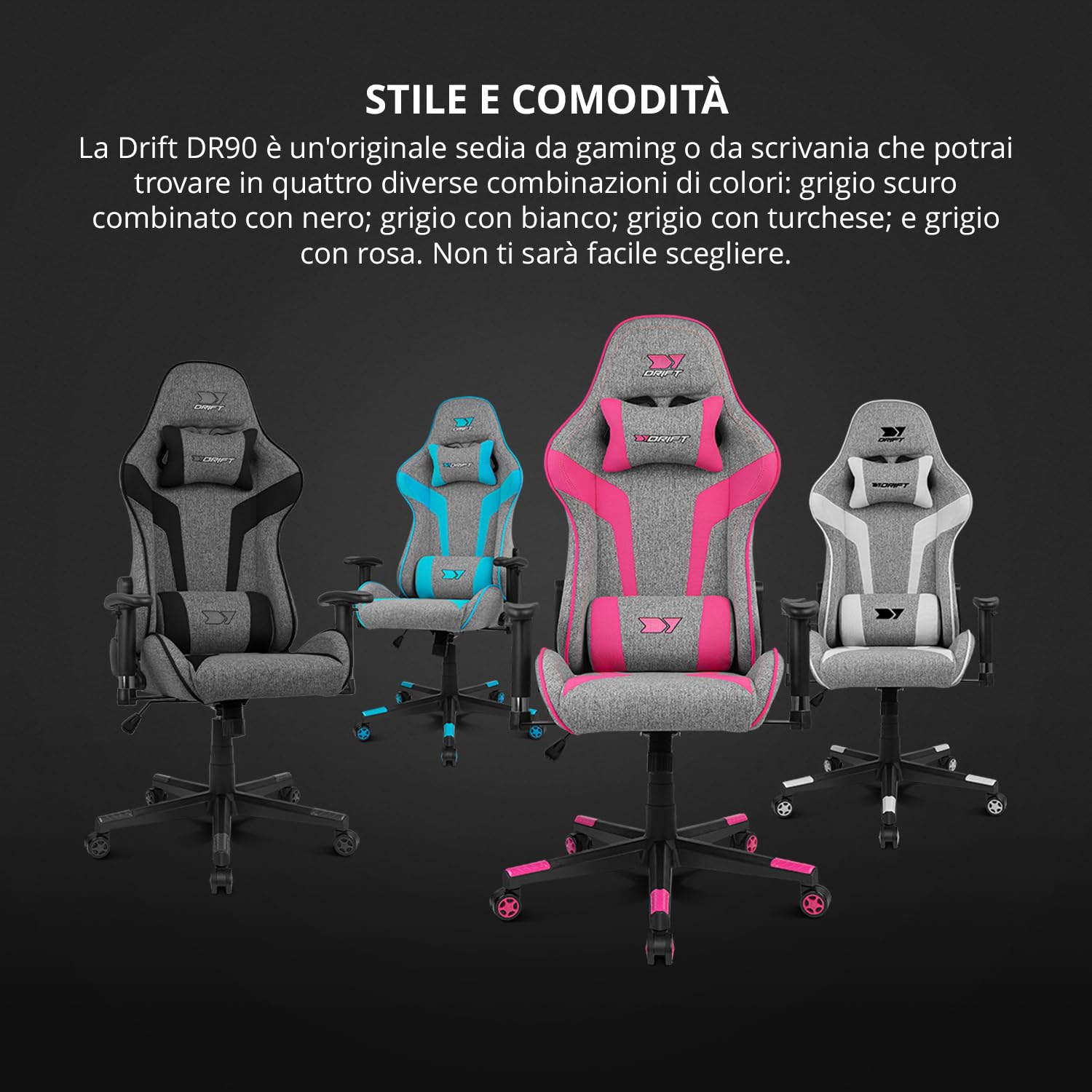 DRIFT GAMING DR90 – Sedia gaming ergonomica con poggiatesta e supporto lombare, schienale reclinabile a 135°, braccioli 2D regolabili, tessuto traspirante, base in nylon e pistone a gas, Grigio-Nero