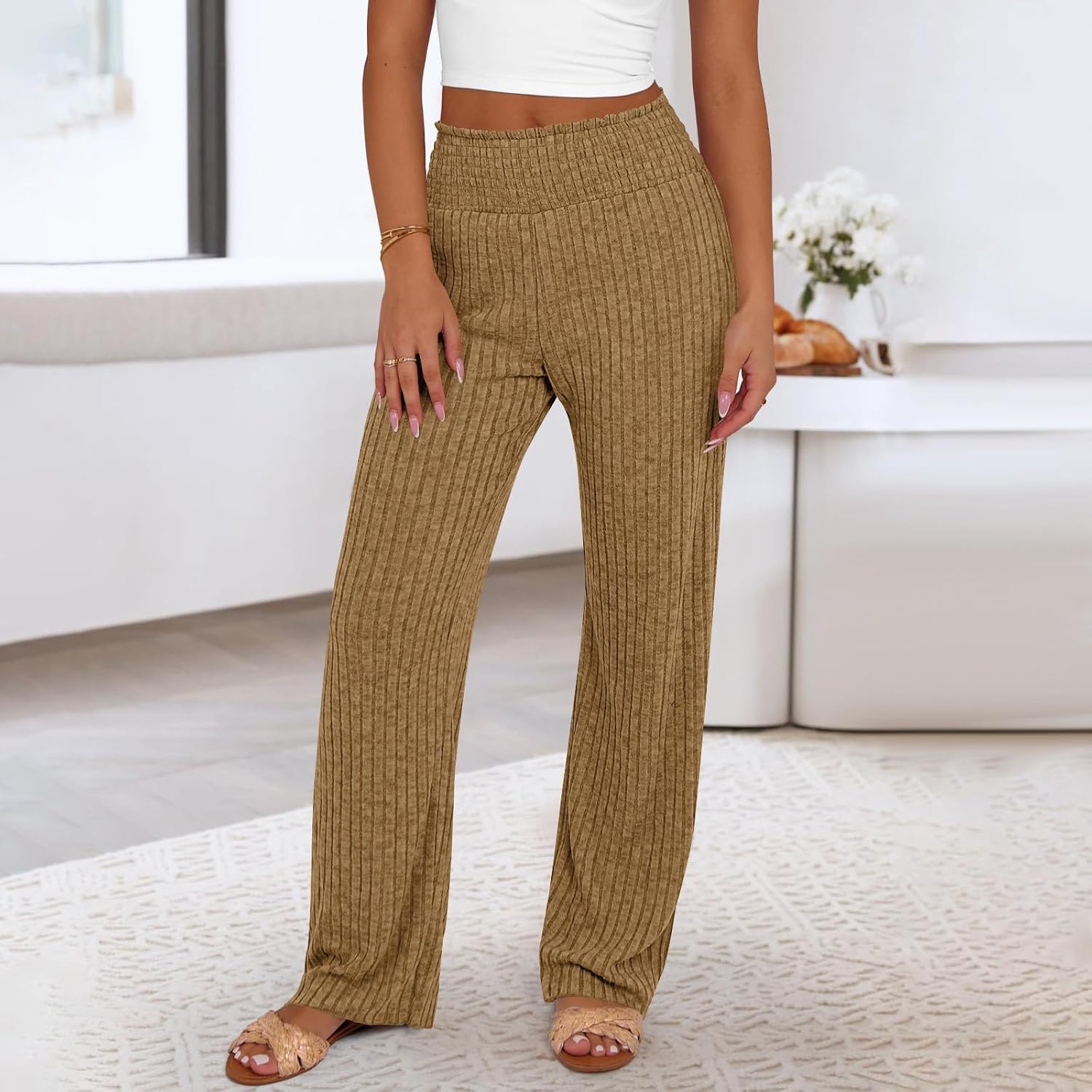 Womens Ribbed Knit Lounge Pajama Pants Casual Elastic High Waist Loose Wide Leg Pjs Pants Fall Soft Comfy PJ Bottoms