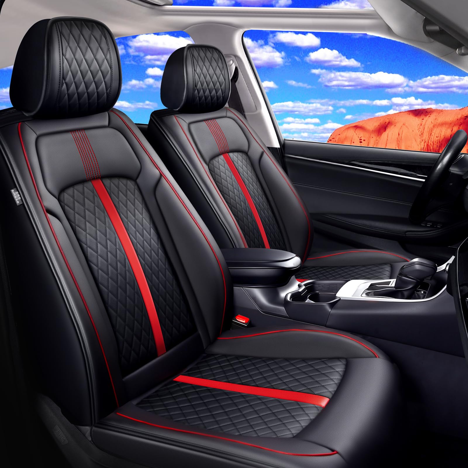 Fit RAV4 Car Seat Covers for Select Toyota RAV4 2013-2024 2025/RAV4 Hybrid - Full Coverage Leather, Waterproof & All Weather Seat Cushion Protector, Full Set, Black with Red Trim