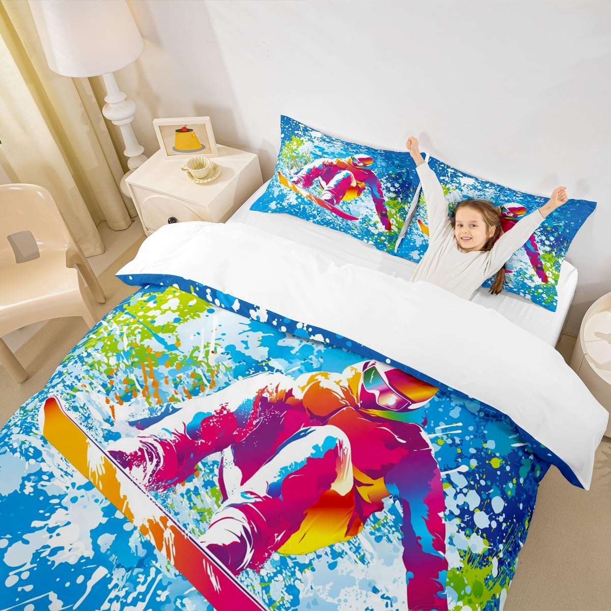 Ski Bedding Set Full Size Cartoon Skiing Skier Snowboard Duvet Cover Set 3Pcs Watercolor Tie Dye Graffiti Comforter Cover Kids Boys Girls Room Decor Winter Sports Games Quilt Cover,2 Pillowcases