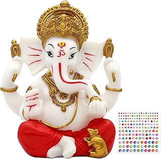 alikiki Lord Ganesha Idol Statue - 5.6" H Poly Stone Hindu God Ganpati Murti for Diwali Home Mandir Temple Altar Shrine Puja Item Indian Wedding Spiritual Decors