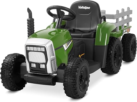 Kidzone 12V7AH Premium Version w/EVA Treaded Tires Dual 35W Motors Boost Power Torque Remote Control Electric Tractor w/Trailer Toddler Ride On Toy 3-Gear-Shift, 7-LED Lights Bluetooth, Dark Green