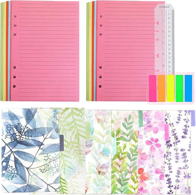 Refillable A5 Notebook Set2 Pack 100 Sheets 6 Holes Loose-Leaf Lined Refill Paper, 6 PCS PVC Binder Index Dividers Subject Dividers, Zip Lock Envelope, Ruler And 125 Pcs Note Flags Index Tabs