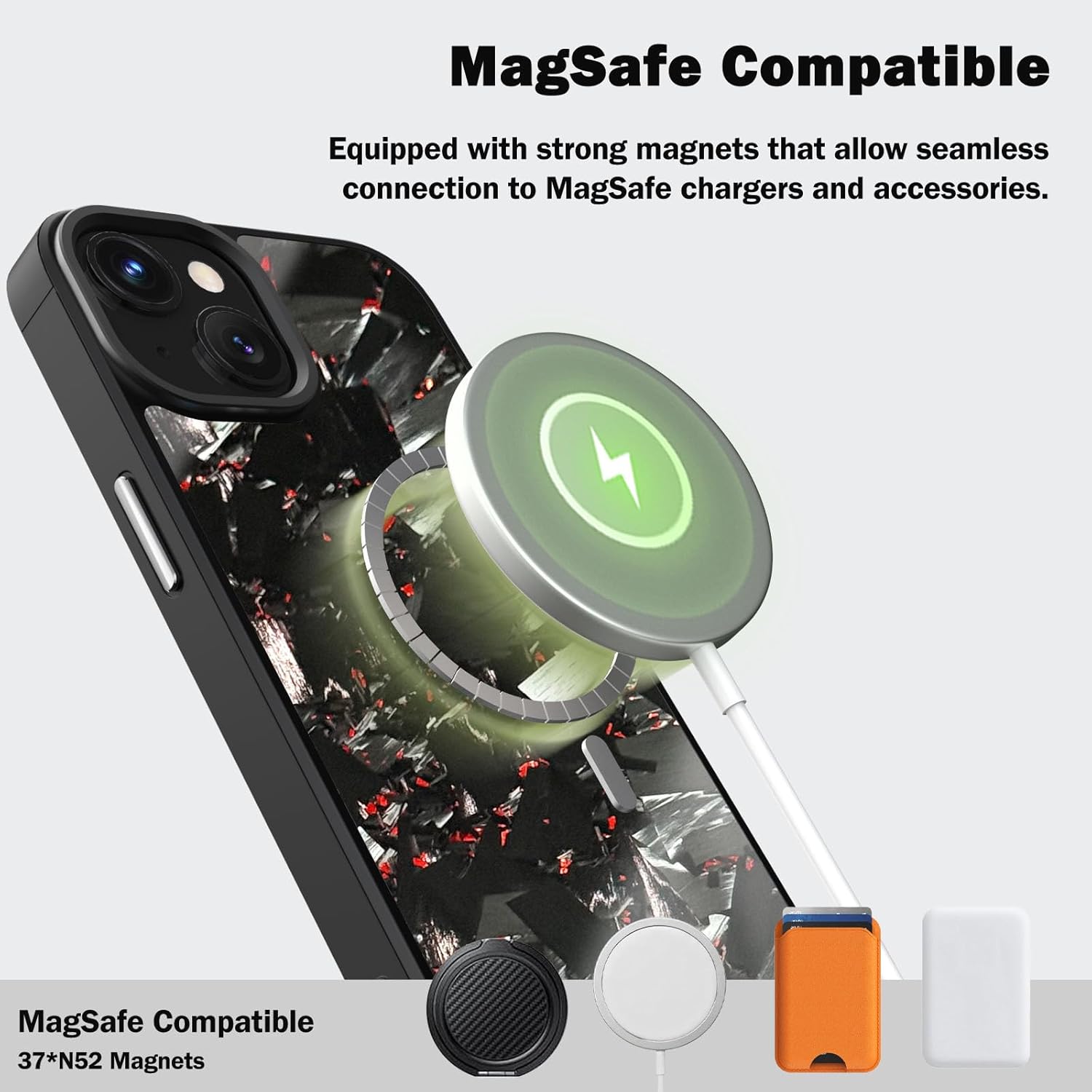 Genuine Forged Carbon Fiber Case for iPhone 14/13, Built-in Magnets, Compatible with MagSafe, Military Grade Drop Protection, Shockproof Phone Cover - Glossy Red