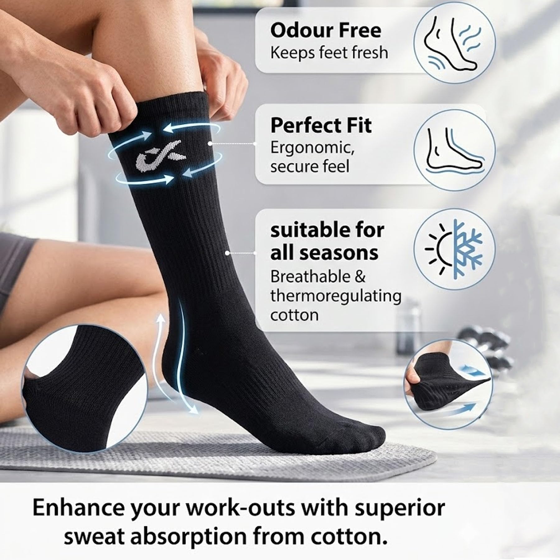XJARVIS ® Texas - Calcetines de alta calidad para hombre, de algodón peinado, de longitud completa, para verano, sin olor y comodidad transpirable, talla única, color blanco, gris y negro