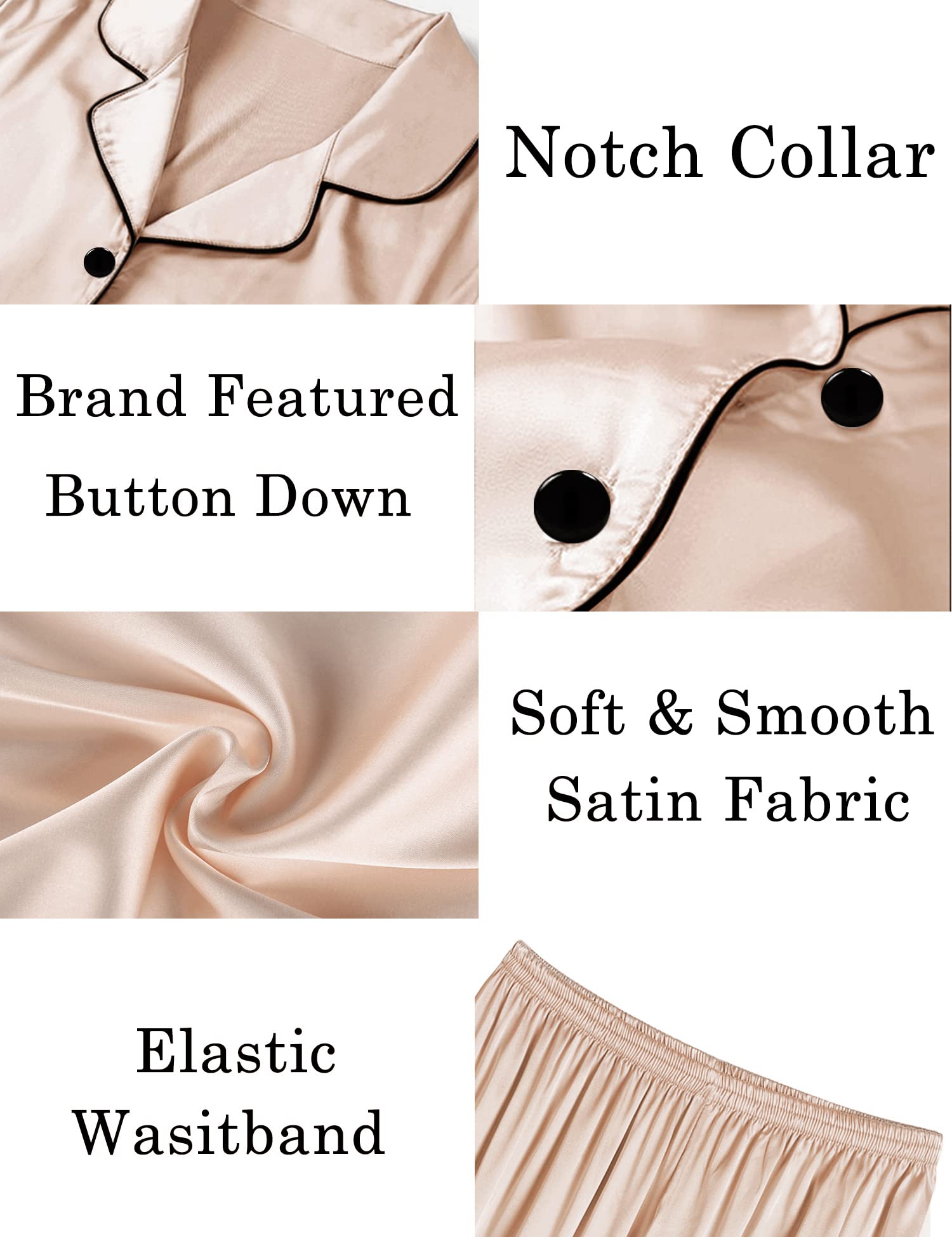 SWOMOG Women Satin Pajamas Set Short Sleeve Sleepwear Soft Silky Button-up Nightwear with Pockets PJS Set