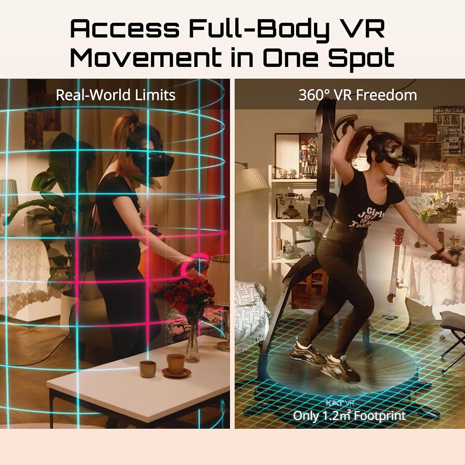 Comparison of real-world VR play space limits versus 360-degree VR freedom on the KAT Walk C2 CORE with a small footprint.