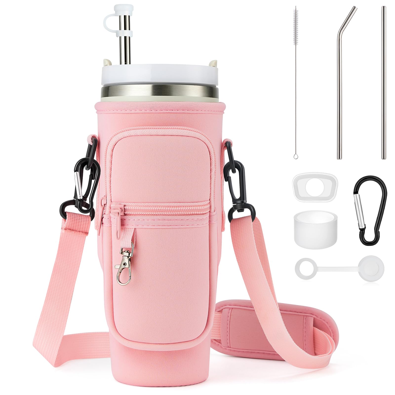 Water Bottle Carrier W/ Strap, Pink: 40oz Tumbler, Phone Pocket, Stra Covers