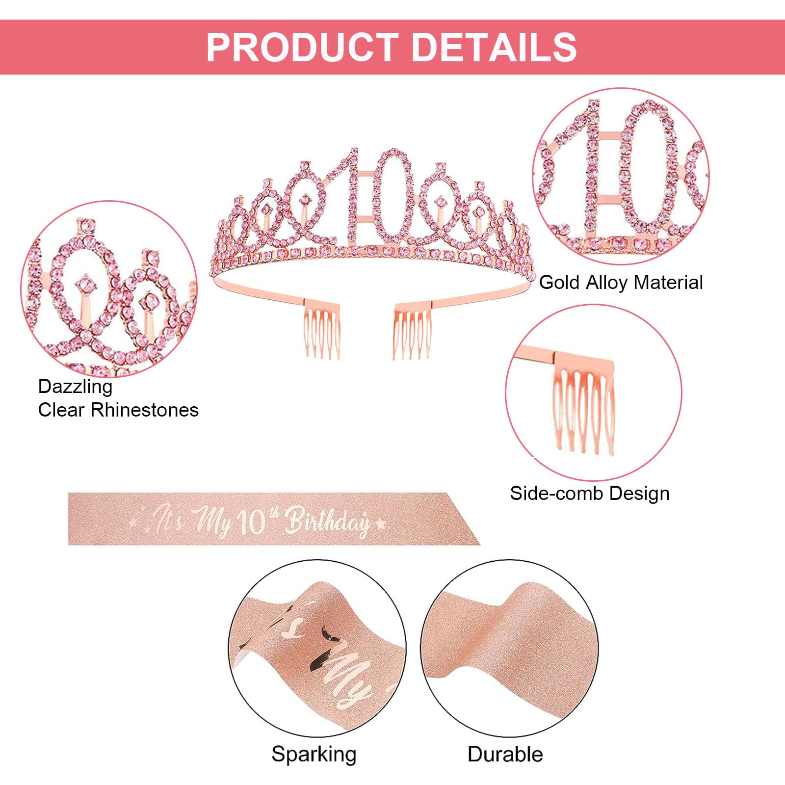BOBOZHONG Couronne à Strass & Écharpe Pailletée Rose Gold pour Fille de