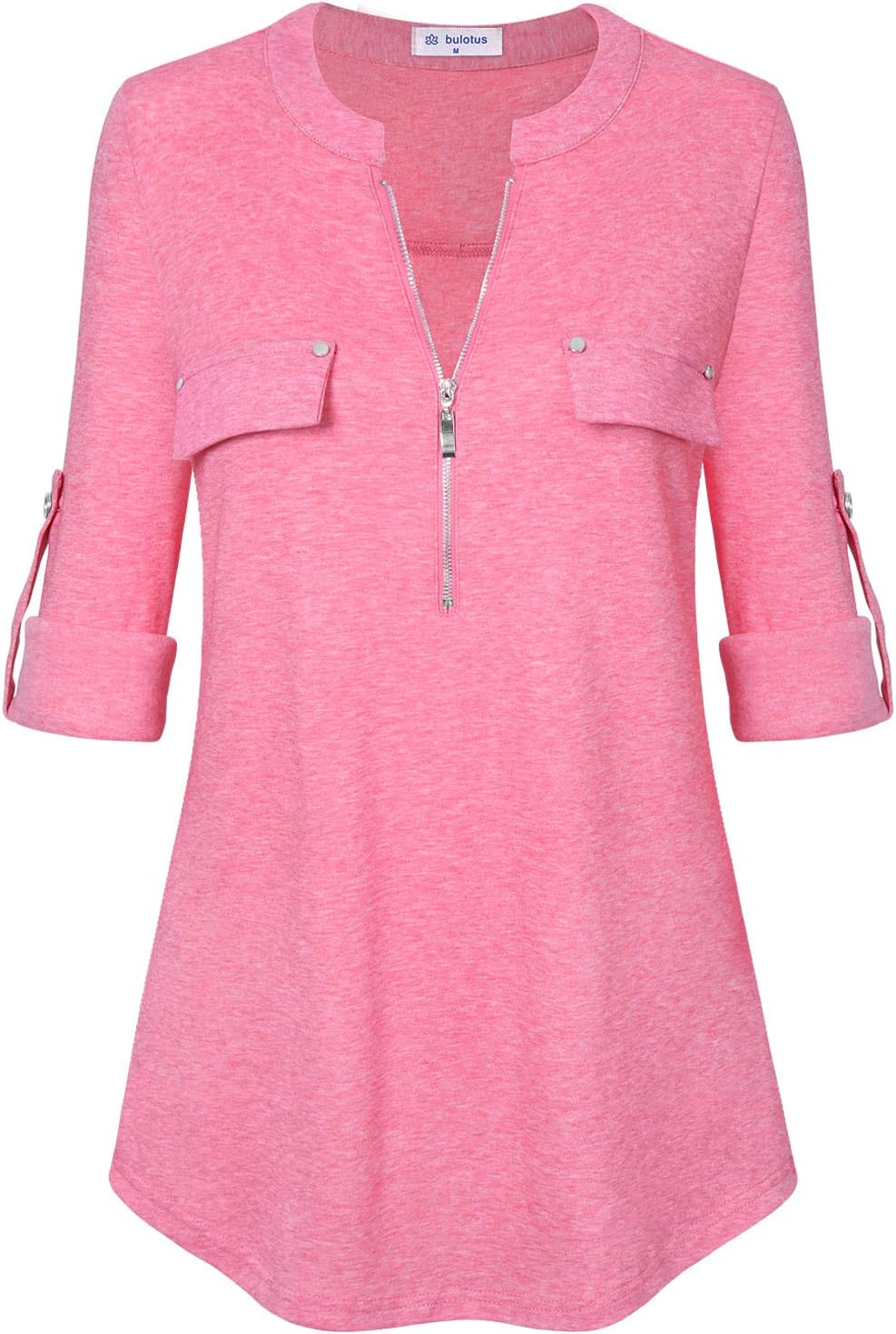 Bulotus 3/4 Length Sleeve Womens Striped Tops Zipper V Neck Collared Blouses Business Casual Tunics 2026 Spring Trendy