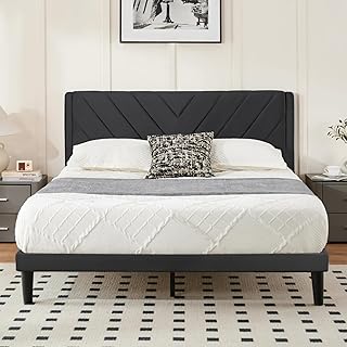 Queen Size Platform Bed Frame with Velvet Headboard, Wing Edge, Sturdy Wooden Slats, Noise-Free, No Box Spring Needed, Easy Assembly, Black