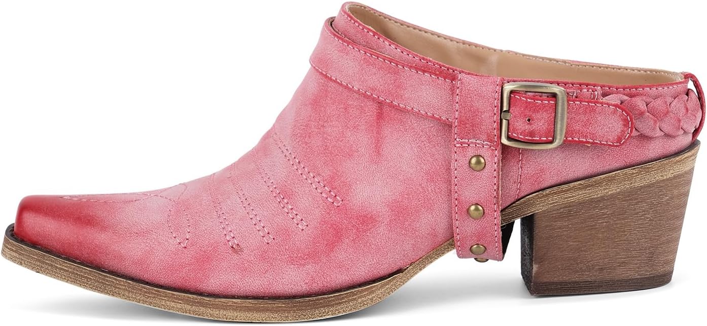 Only maker Women’s Western Mule Shoes – Snip Toe Slip-On Clogs with Block Heel Distressed Faux Leather