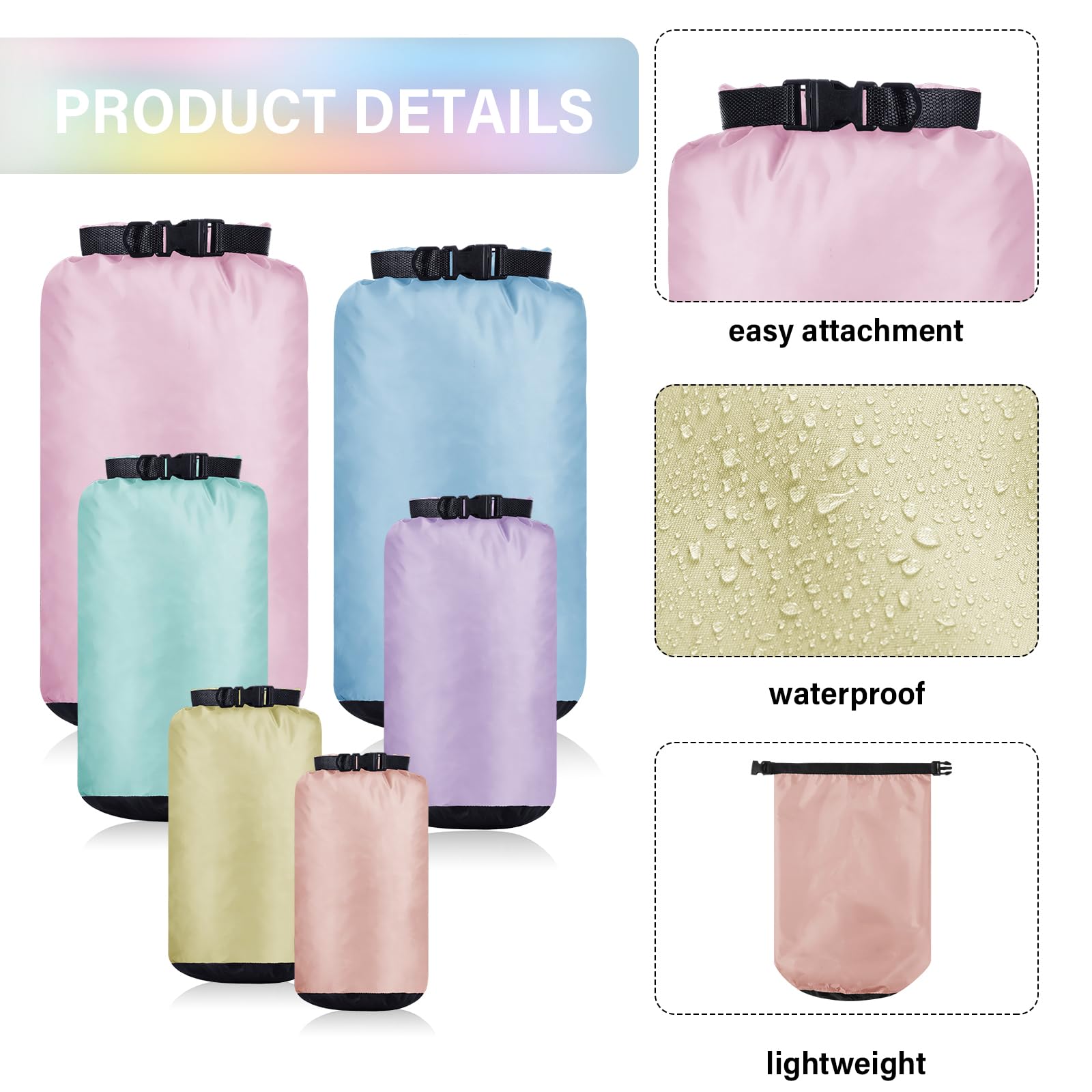 Set de 6 Sacs Étanches Légers pour l'Extérieur Sacs Hermétiques Portables de 35 L, 20 L, 15 L, 10 L, 5 L, 3 L pour Kayak Camping Randonnée(Couleur Macaroni)