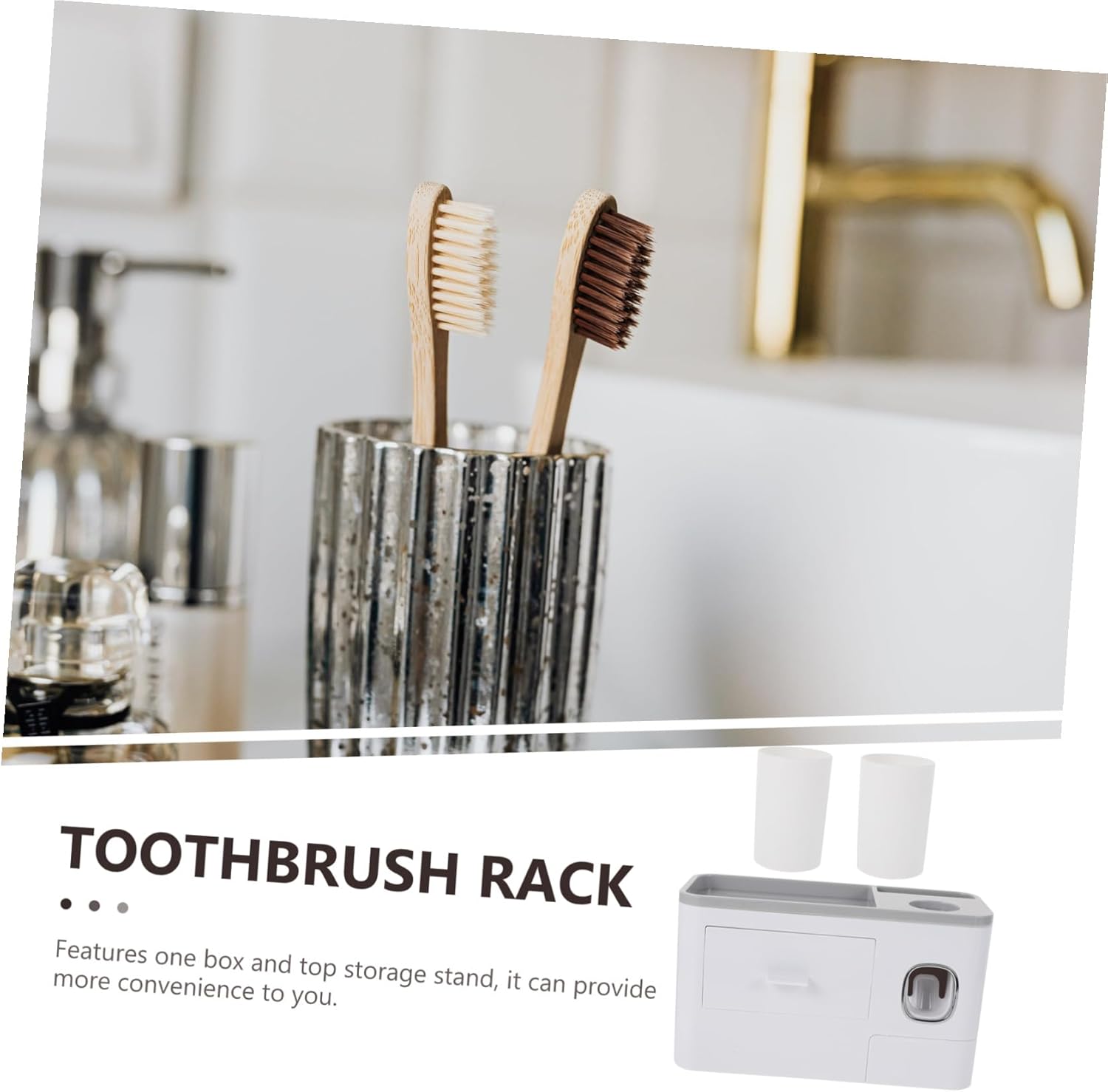 NUOBESTY Wall Mounted Toothbrush Holder with Cup Adhesive No-Drill Toothbrush Storage Rack for Bathroom Toiletries Space-Saving Organizer for Tiles Mirrors Surfaces White