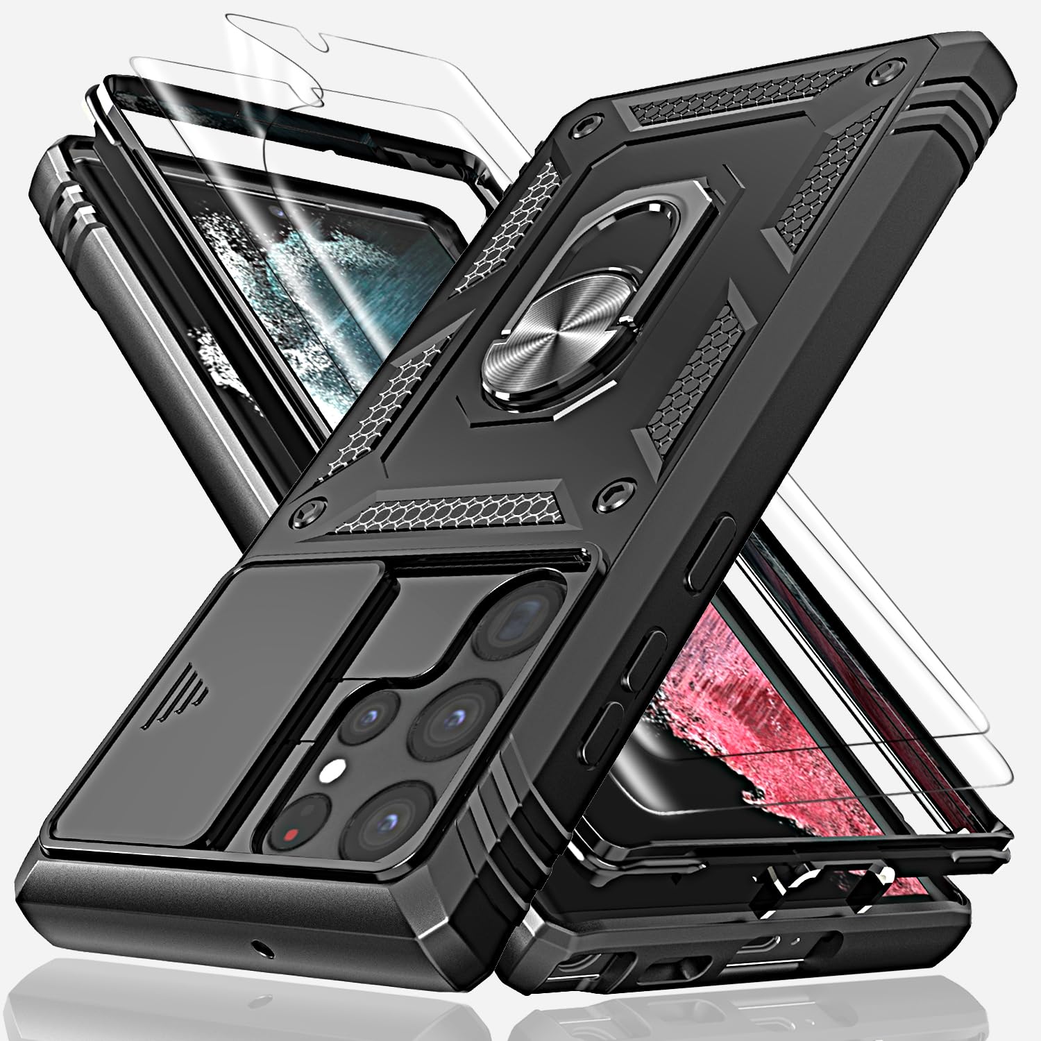 YmhxcY for Galaxy S23 Ultra Case with Camera Cover Slider, 2*Screen Protectors,Build in 360° Rotating Ring Kickstand, Military Grade Protective Case