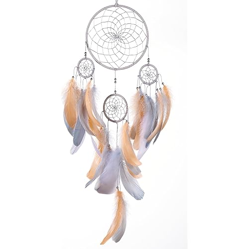 Champagne Dream Catchers - Goose Feathers with Multiring, Handmade Large Dreamcatcher for Bedroom, Dream Catcher for Girls, Dream Catchers for Boys, Dream Catcher Wall Decor