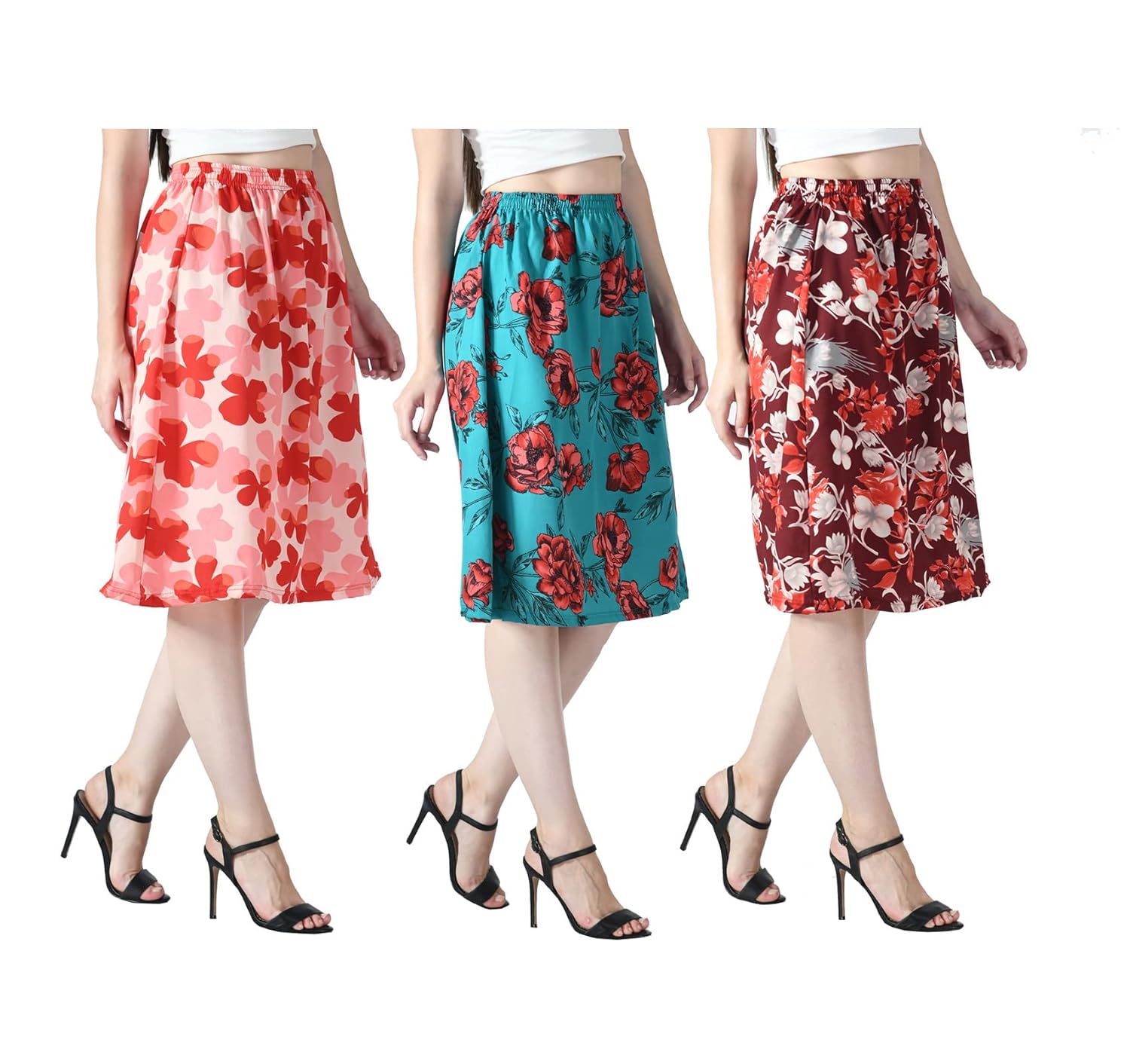 IndiWeaves Digital Floral Printed Crepe Skirts for Women – Pack of 3 in Pink, Green, Maroon | Shop Now! IndiWeaves Digital Floral Printed Crepe Skirts for Women – Pack of 3 in Pink, Green, Maroon | Shop Now!