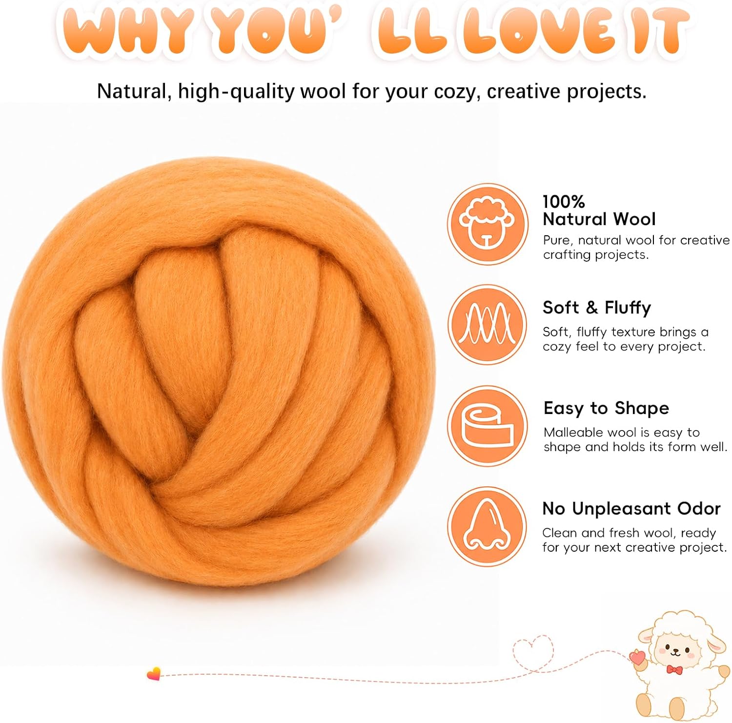 3.53oz(100g) Wool Roving: Needle Felting Wool White Roving Wool Felting Supplies Pure Wools Chunky Yarn Spinning Wool Roving for Needle Felting Wet DIY Hand Spinning(Orange)