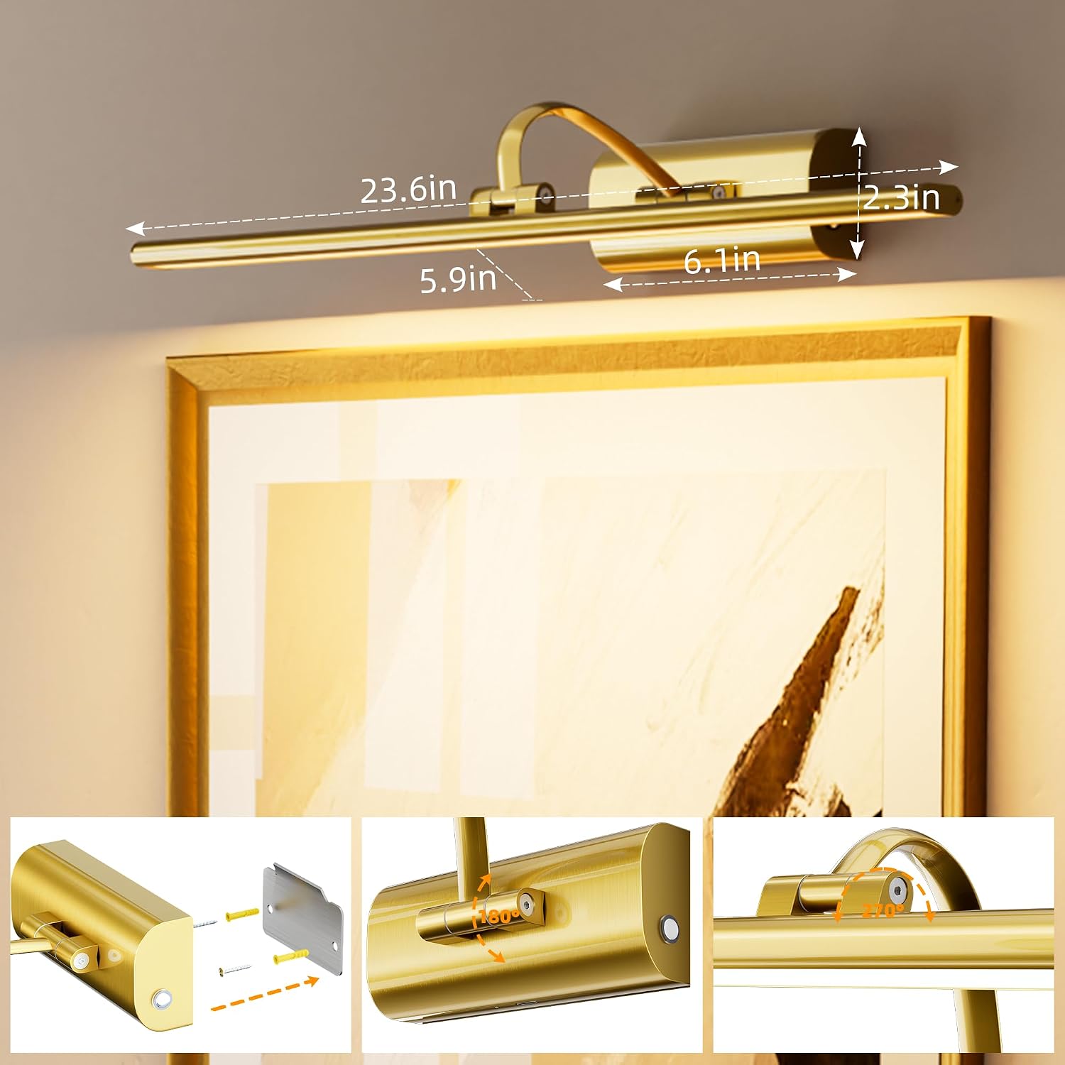 24inch Picture Lights for Wall, 8000mAh Rechargeable Wireless Picture Light with Remote Timer, Battery Operated Wall Lights 3CCT Dimmable, LED Art Lighting for Paintings Frame Gallery Dartboard, Brass