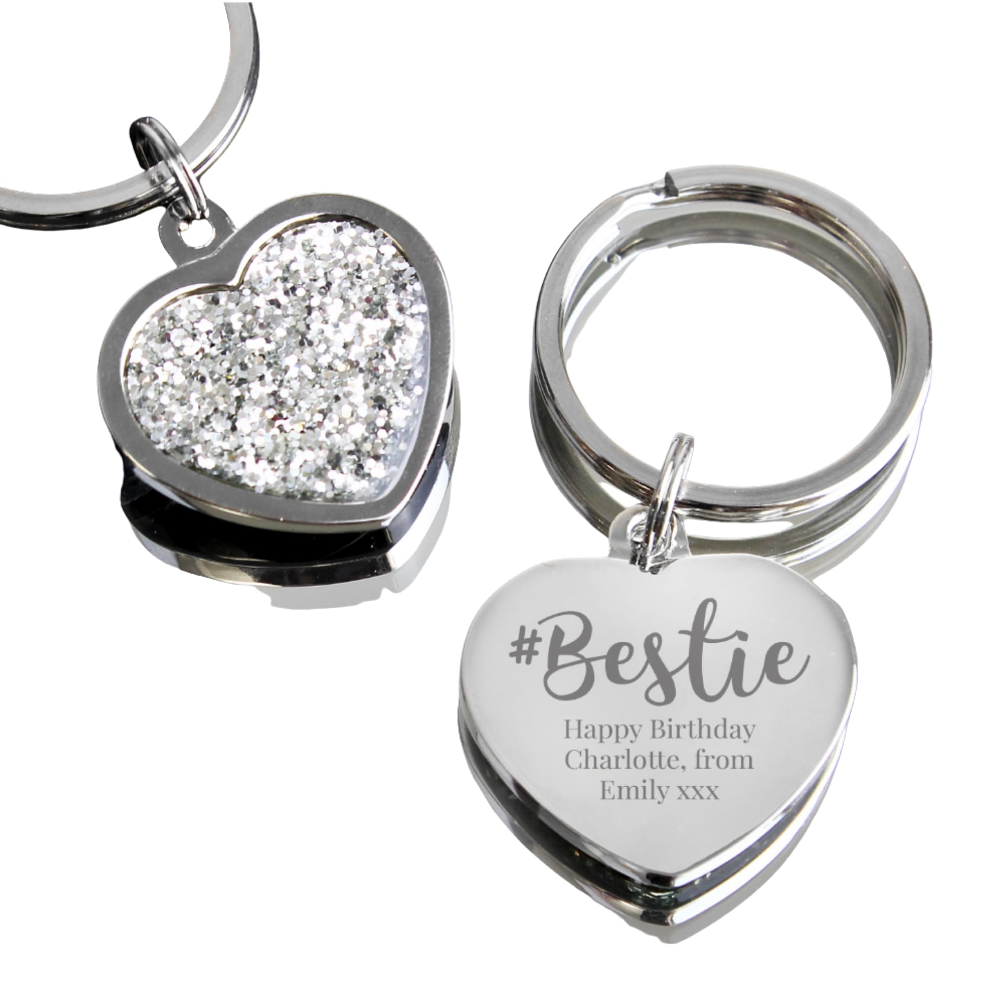 Caleli Gifts Silver Personalised #Bestie Diamante Heart Keyring - Engraved Coloured Bff Friendship Keepsake - Custom Message Heart Keychain For Best Friend - Birthday, Christmas Or Galentine's Gift