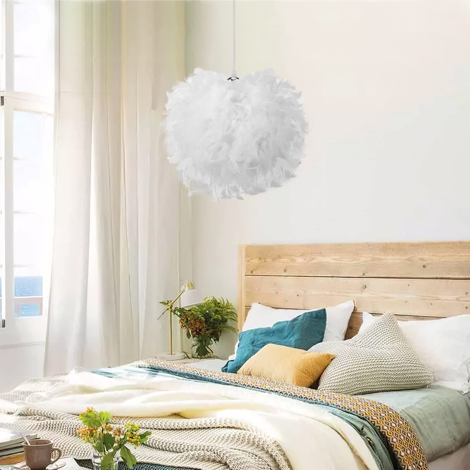 ALLOMN Lampada a Sospensione a LED, Plafoniera con Decorazione a Piume Lampadario a Sospensione per Camera da Letto Ottimo Regalo per Amico Bambino, Attacco E27 Facile da Pulire (Diametro 30cm)