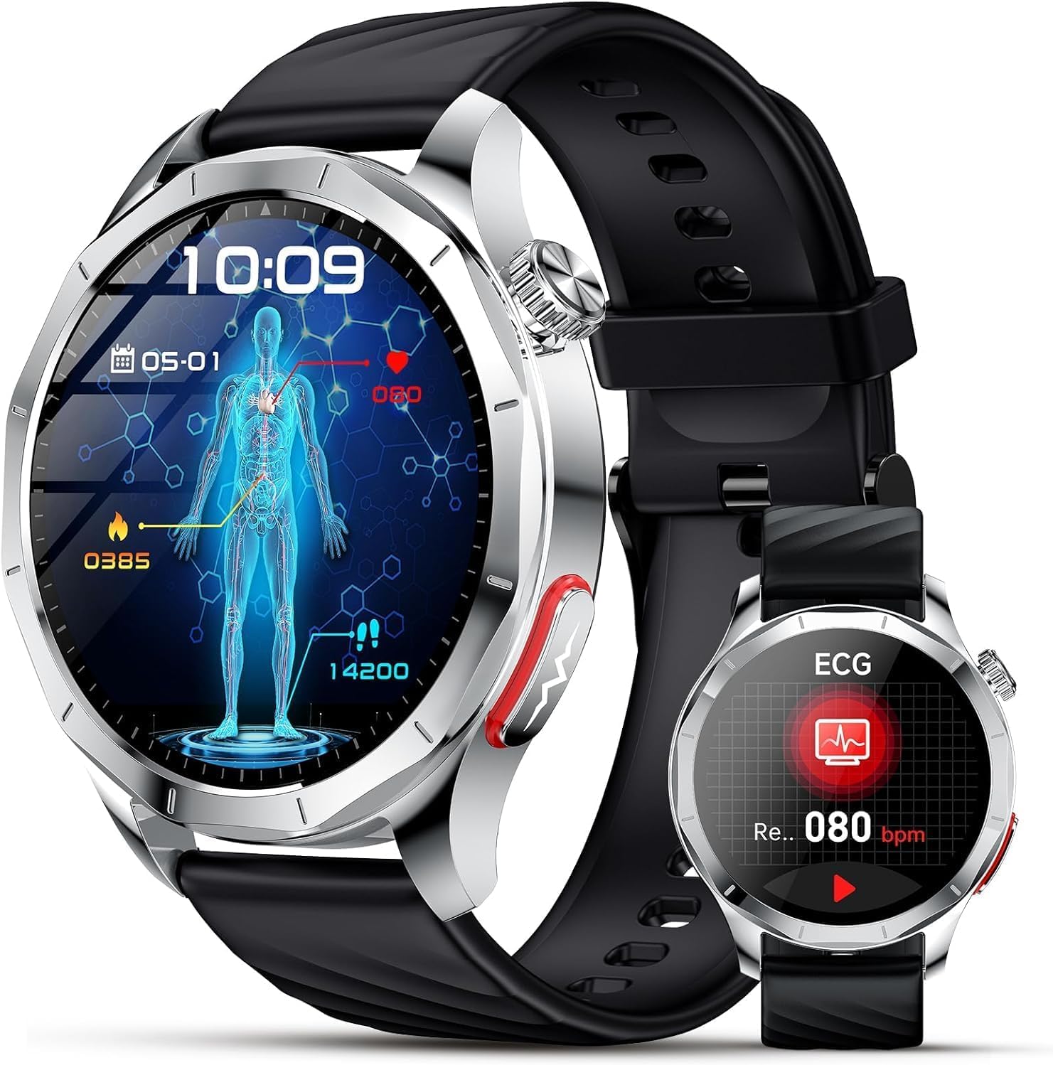 2026 Nuevo ECG Reloj Inteligente con Presión Arterial/HRV/IMC/Ácido Úrico, 1.43" AMOLED Smartwatch con Función SOS, 24H Pulsometro, SpO2, Estrés, Monitor de Sueño, Pulsera Actividad para Android iOS