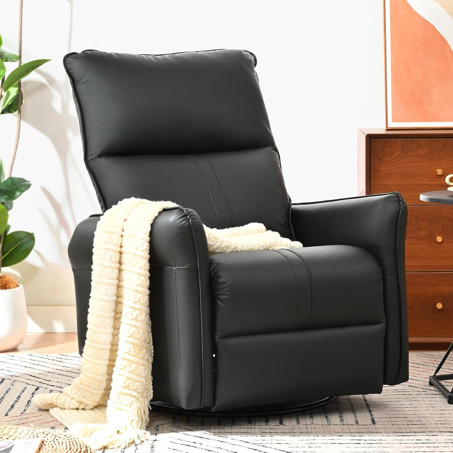 Swivel Rocker Recliner Chair, Upholstered 360° Fabric Leather Glider Rocker Chair for Nursery, Manual Small Recliners for Small Spaces Living Room Weight Capacity 300lbs
