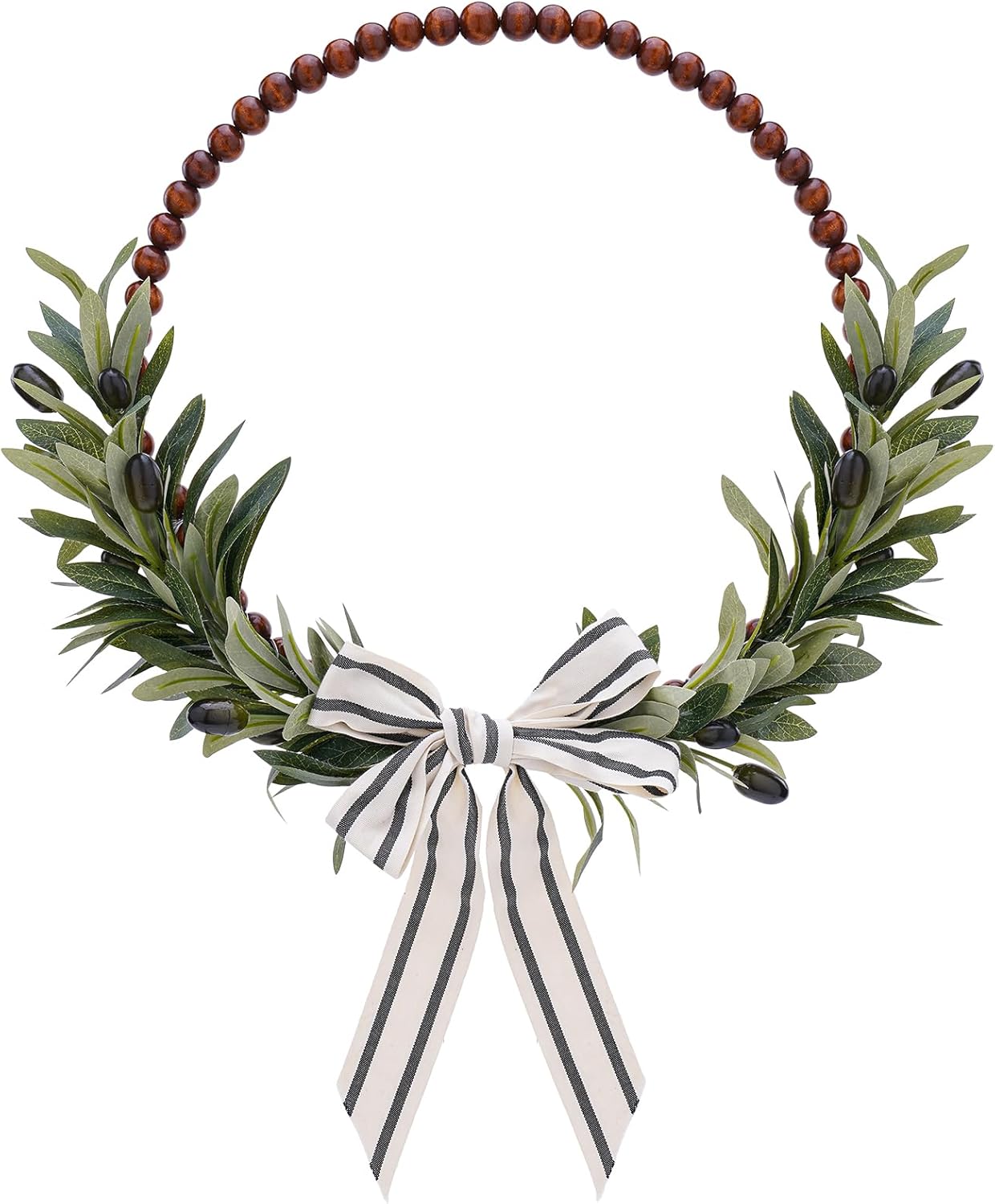 Wood Bead Olive Leaves Wreaths - 13 Inch Artificial Greenery Leaf Wreaths Farmhouse Rustic Boho Wall Hanging Decor for All Seasons for Natural Home Indoor Outdoor Bedroom Decoration