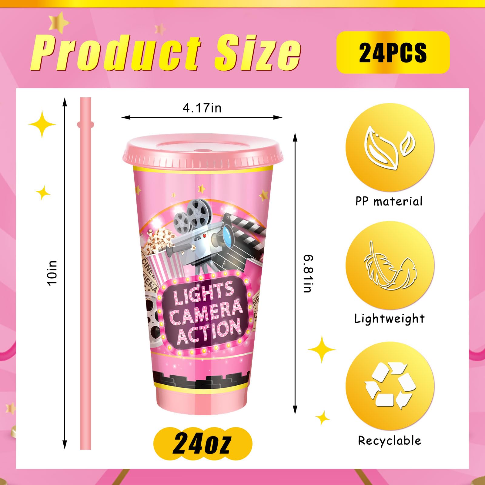 Uiifan Partyzubehör für Filmabende, 680 ml, mit Deckel und Strohhalm, wiederverwendbar, Theaterbecher für Hinterhof, Filme, Motto-Party, Geschenk, Dekorationen, Gastgeschenke, 24 Stück