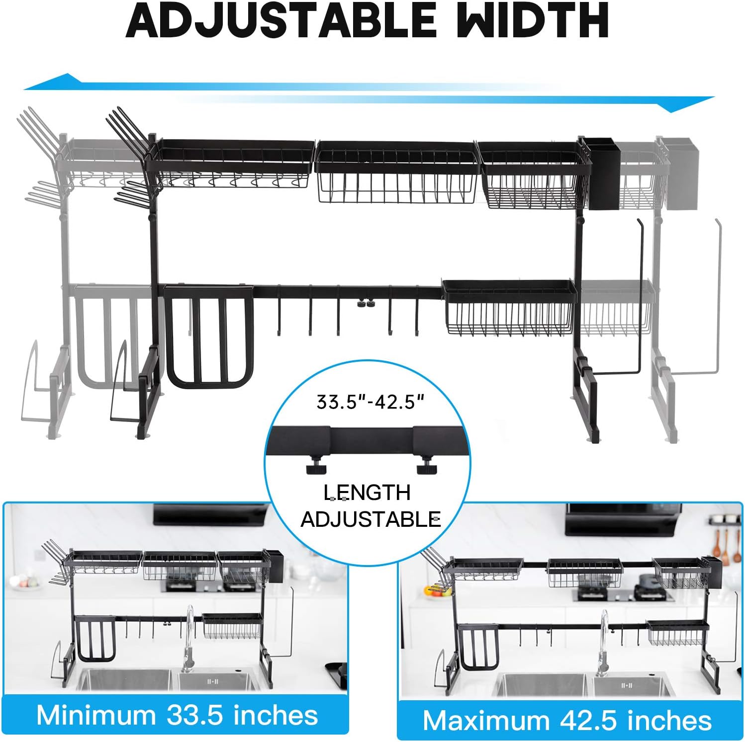 Weekly Top Sale Befano Over The Sink Dish Drying Rack Adjustable (33.5-42.5inch) Large Stainless Steel 2 Tier Expandable for Kitchen Countertop Space Save Storage Organizer Dish Rack Dryer With Utensils Holder Black