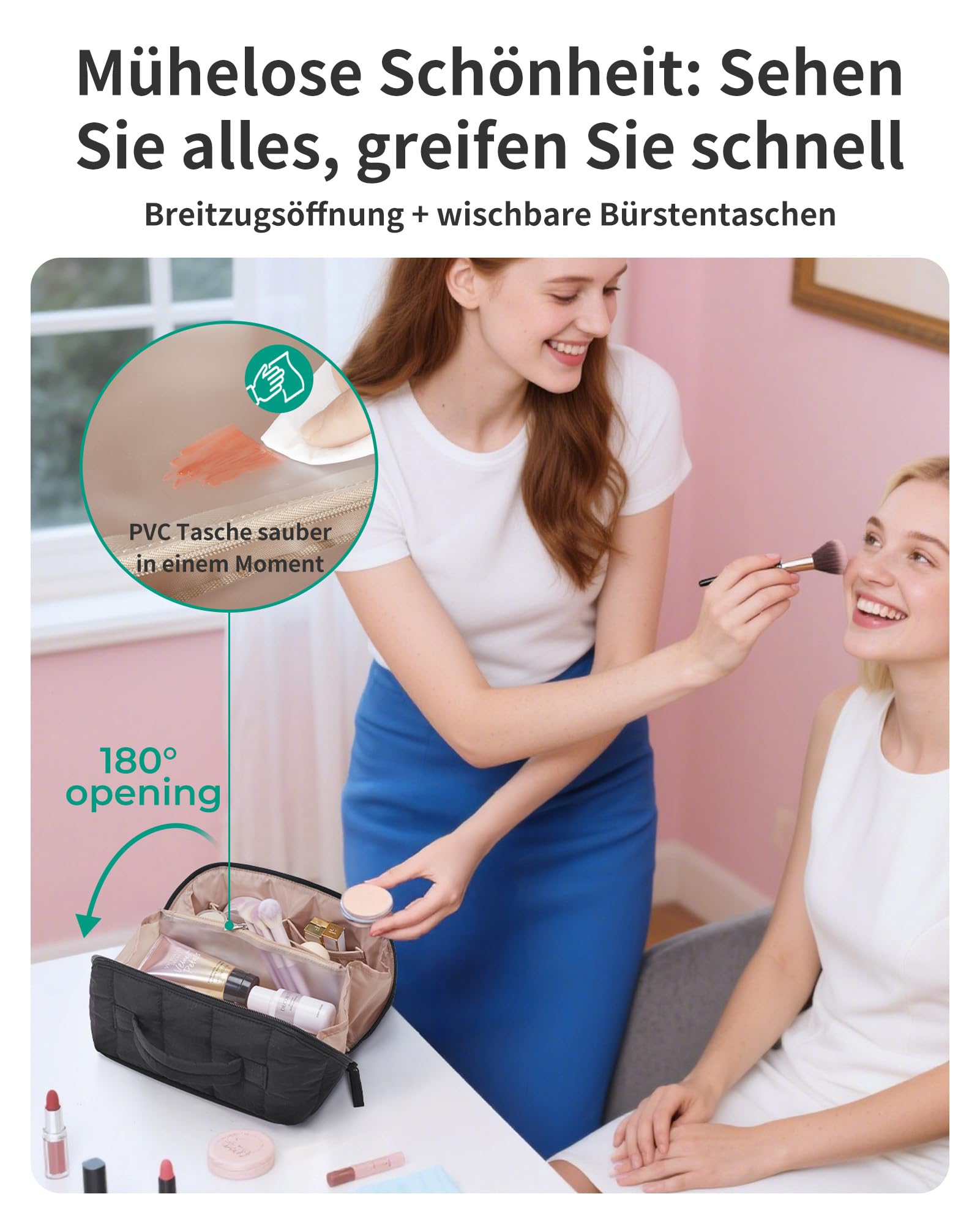 BAGSMART Borsa cosmetica da viaggio, organizer per cosmetici per sdraiarsi piatto, Nero , Fashion