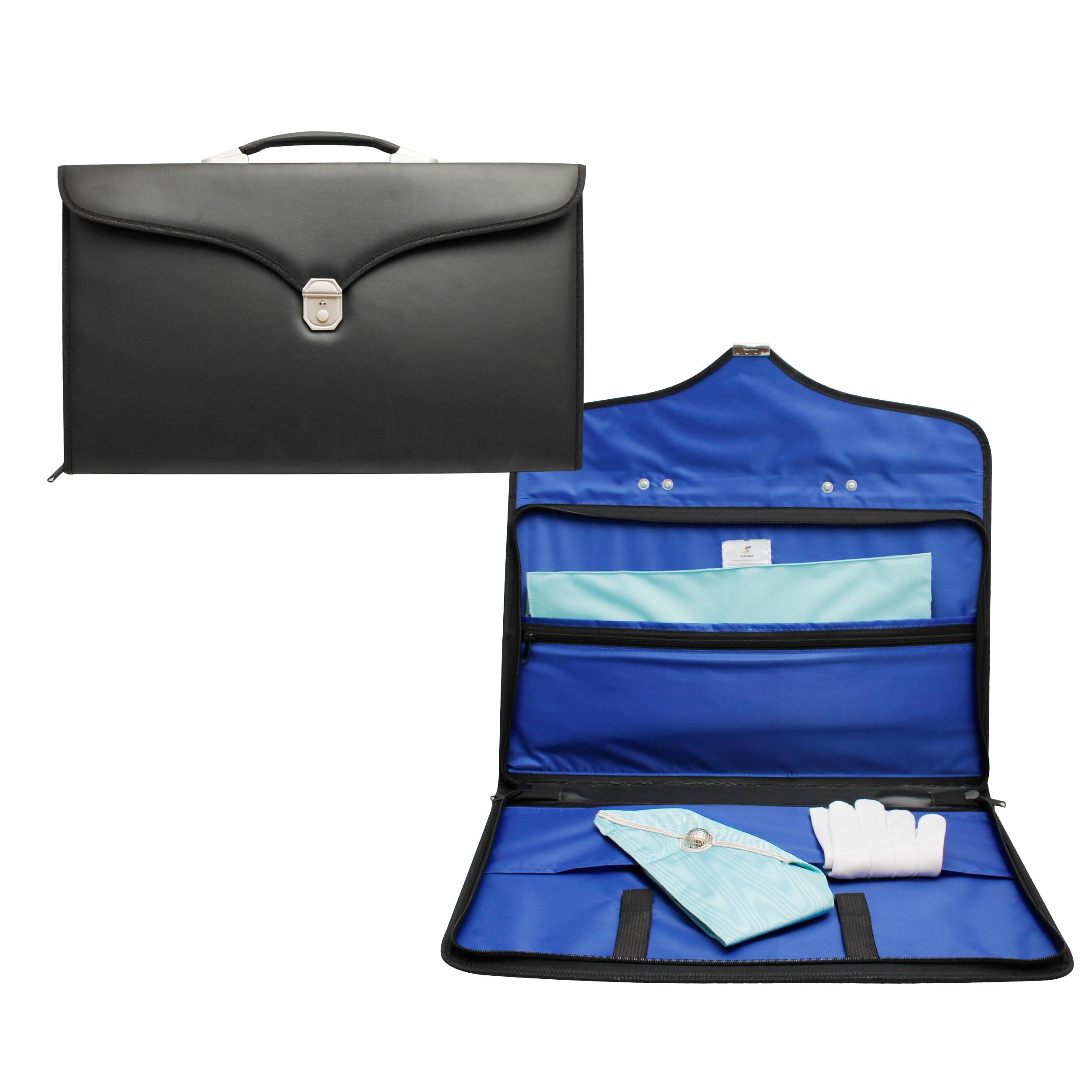 Premium Master Mason Freimaurer-Schürze und Kettenhalsband, schwarze Kunstleder-Tragetasche mit Schloss und Schlüssel, blaues Futter und harter Griff, Freimaurer-Regalia-Aufbewahrungstasche (halb)
