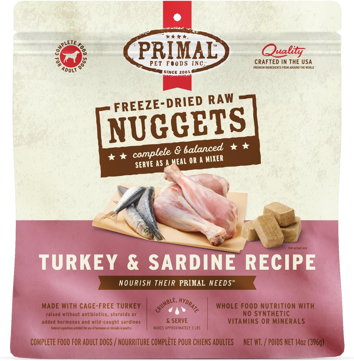Primal Freeze Dried Raw Dog Food, High-Energy Protein Nuggets, 14oz, Turkey & Sardine, Complete & Balanced Meal Topper & Treat for Dogs, Dry Dog Food, Healthy & Grain Free Diet for Puppies
